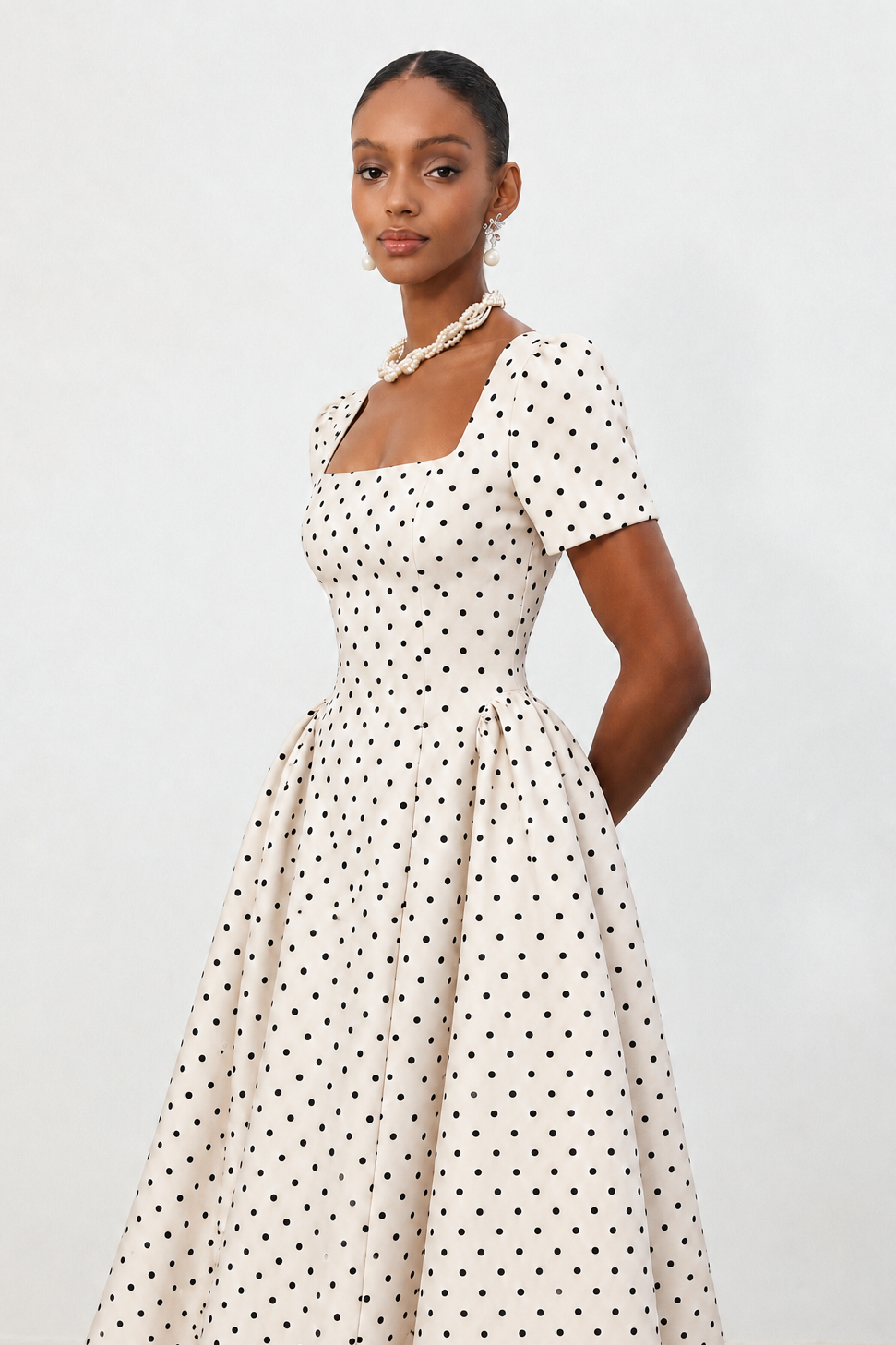 Shirley Elegant Tailored Short Sleeve Polka Dot Woven Maxi Dress