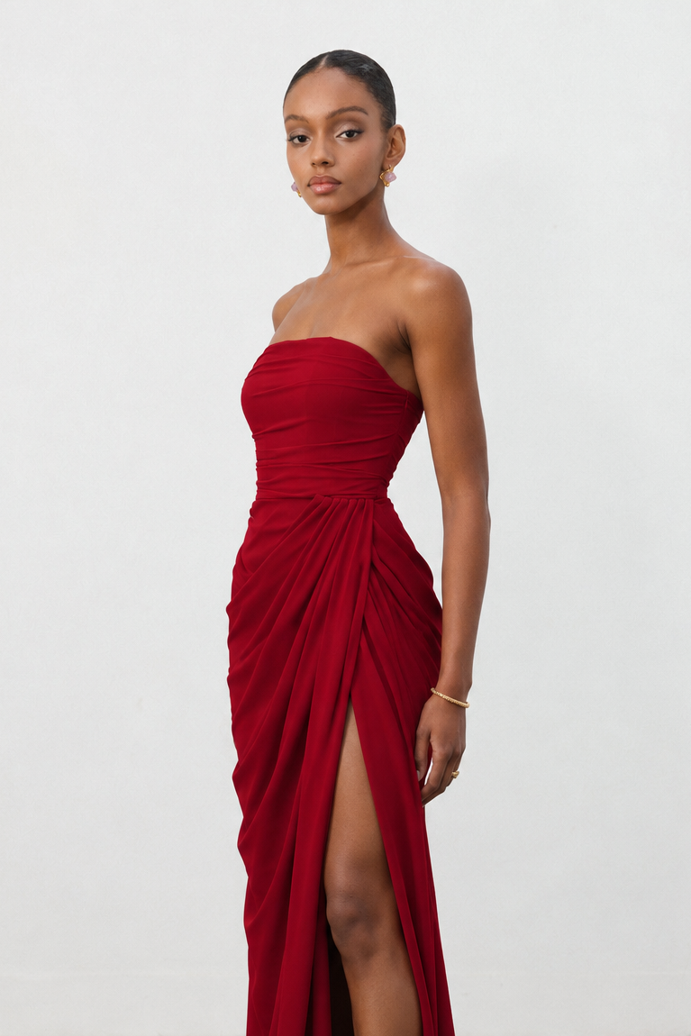 Tazeda Elegant Contour Strapless Ruched Mesh Red Maxi Dress