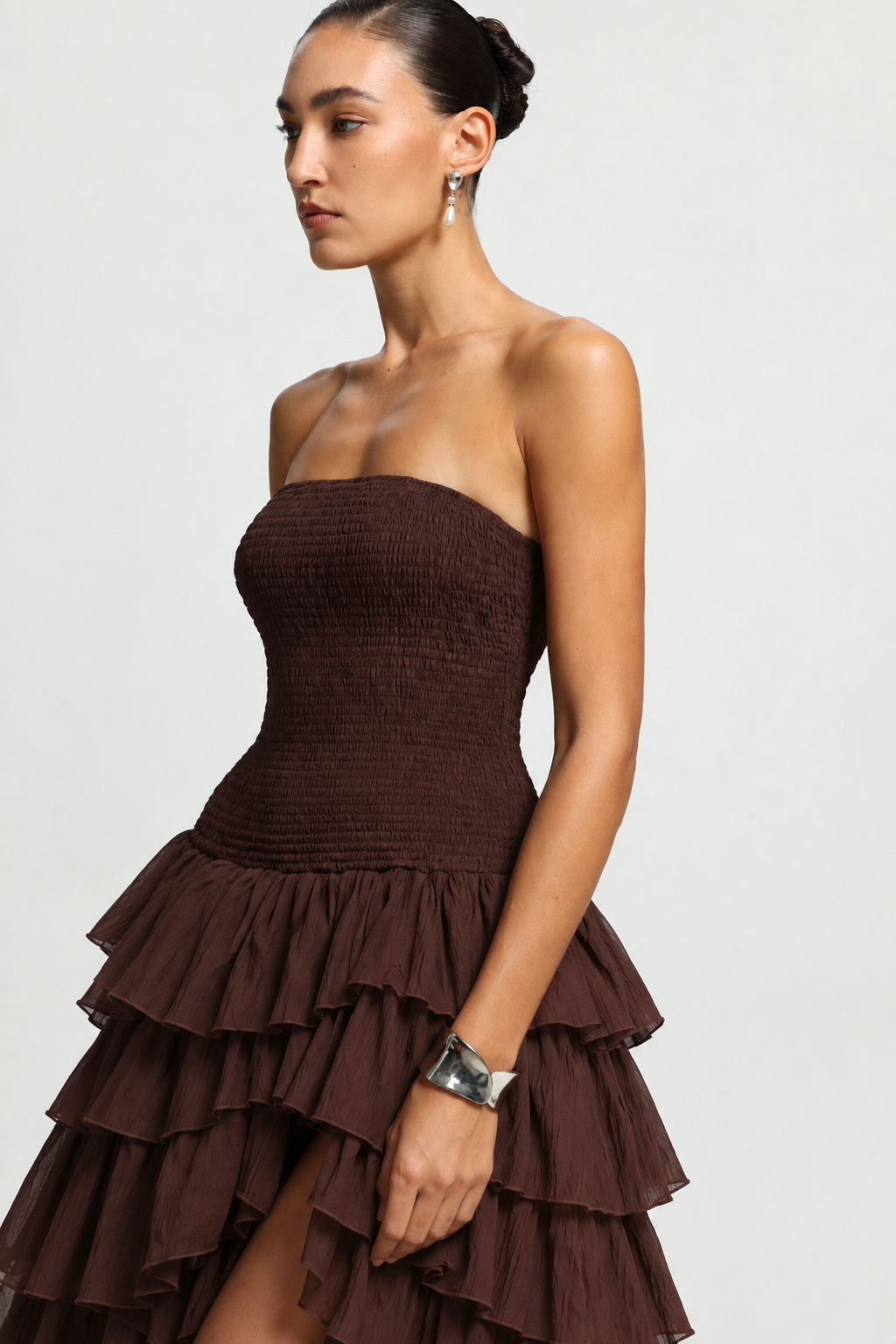 Orisy Vacation Strapless Shirred Tiered Ruffle Maxi Dress