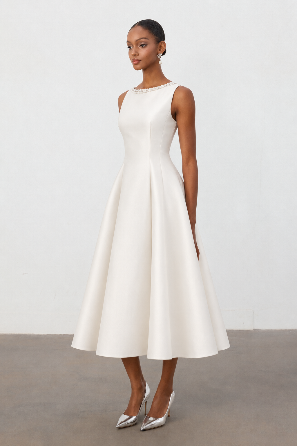 Velma Minimalist Cinched-Waist Sleeveless Pearl Rhinestone A-Line Maxi Dress