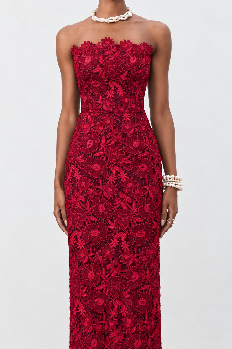 Ruby Red Floral Lace Strapless Column Midi Dress