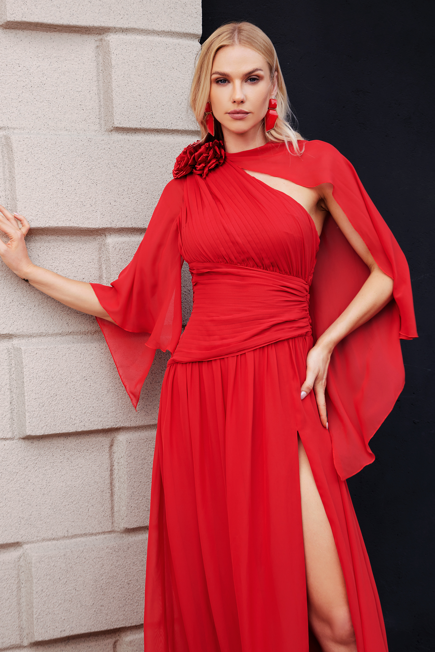 Savier Flower One Shoulder Slit Dress