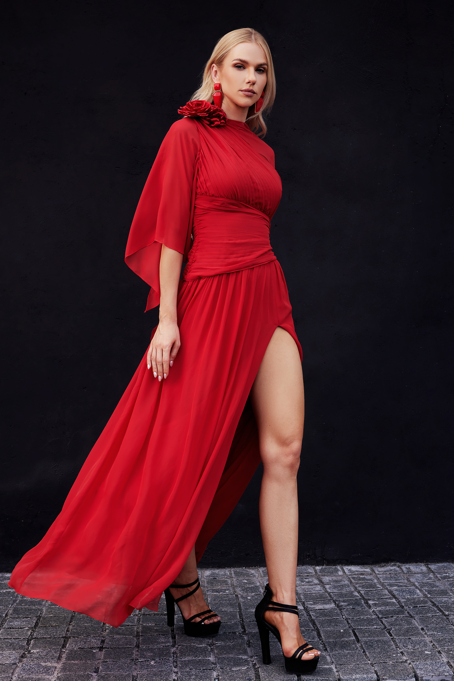 Savier Flower One Shoulder Slit Dress