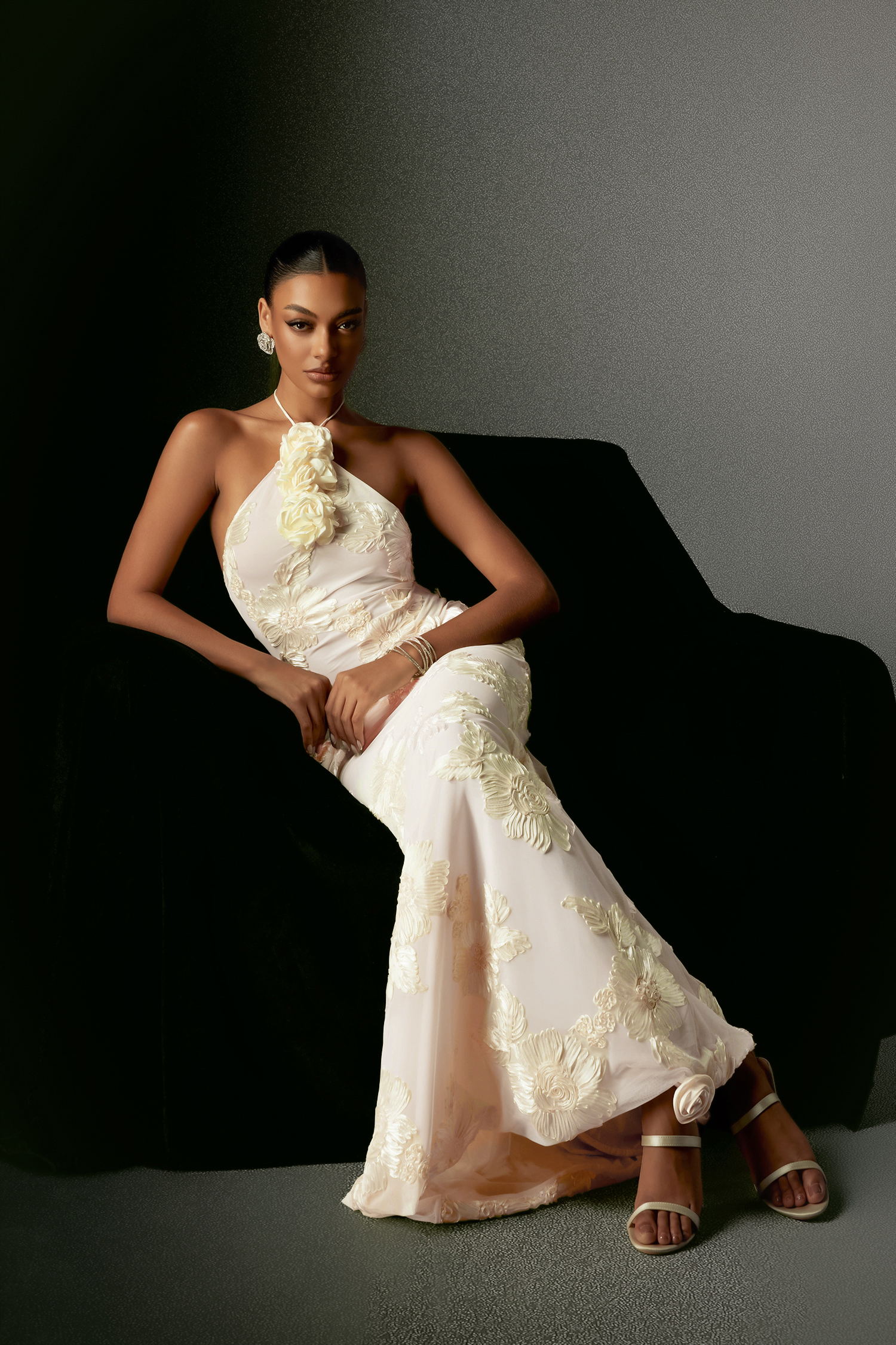 Griselda Flower Halter Embroidery Maxi Dress - White