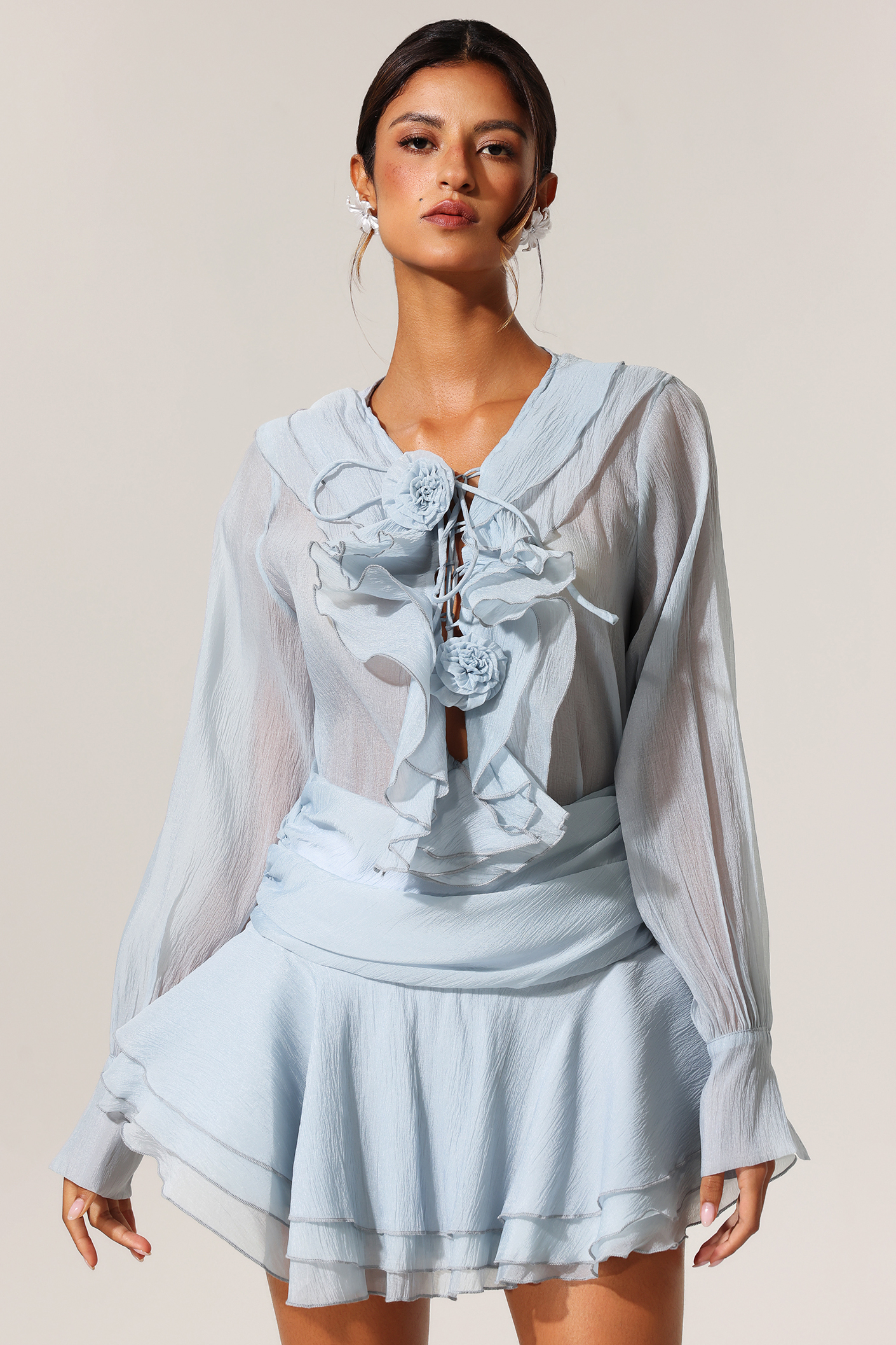 Maoma Flowers Lacing Ruffled Long Sleeves Top And Skirt Two-Piece Set