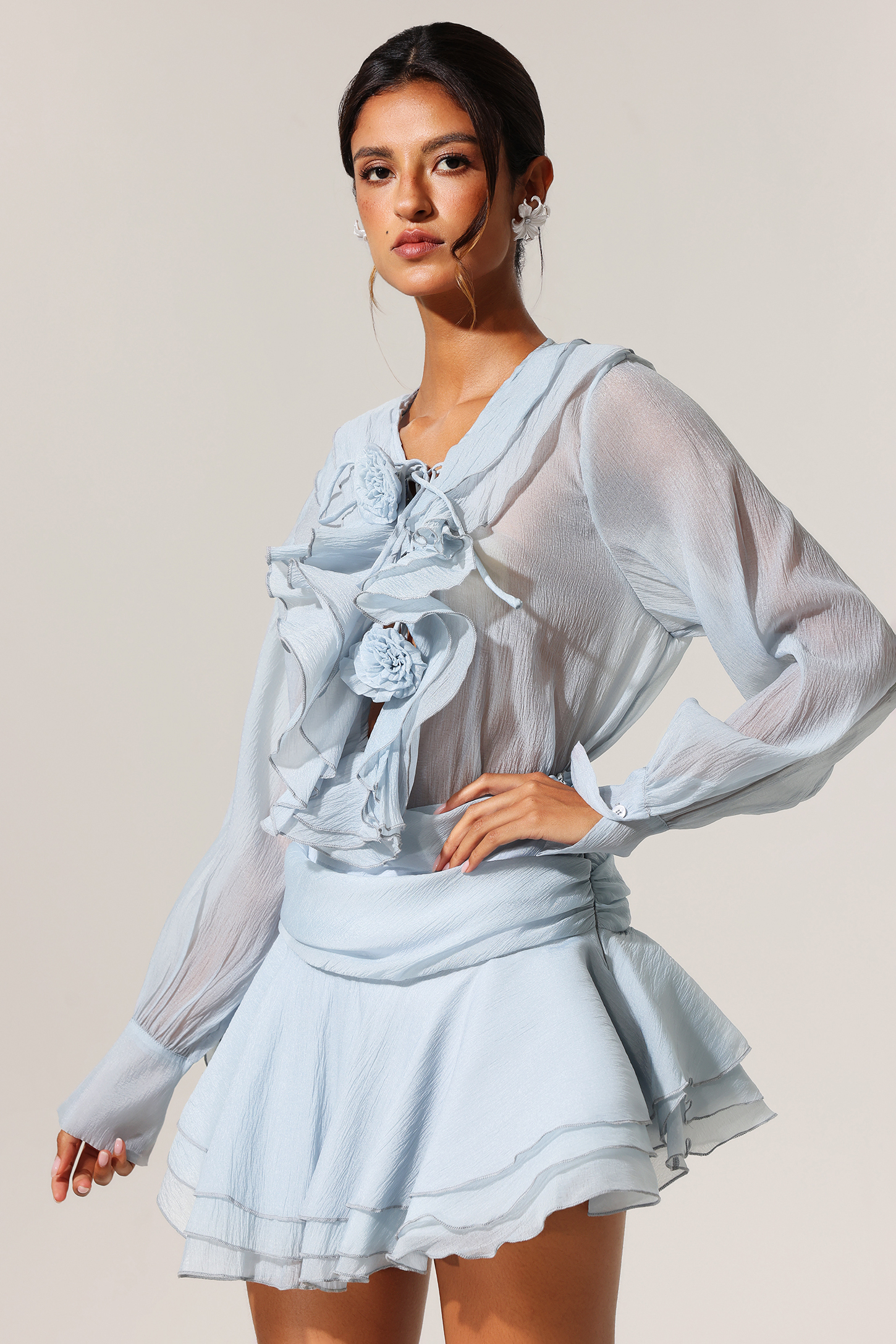 Maoma Flowers Lacing Ruffled Long Sleeves Top And Skirt Two-Piece Set