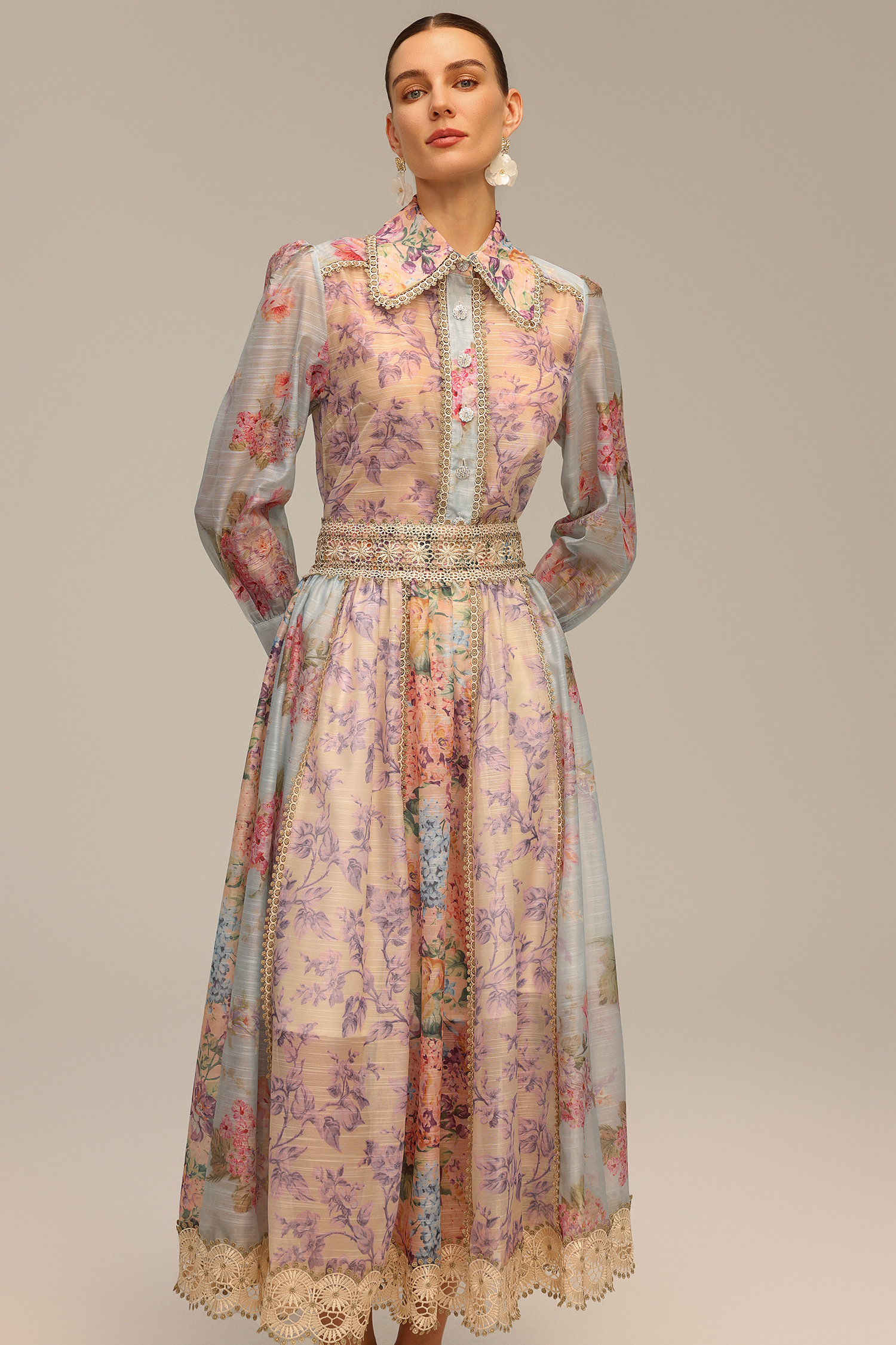 Ruby Long Sleeve Floral Printed Lace Top And Skirt Two-Piece Set