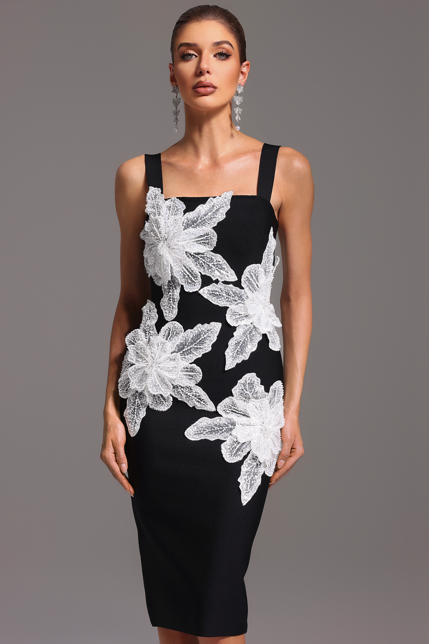 Naira Sleeveless Diamond Flowers Bandage Midi Dress