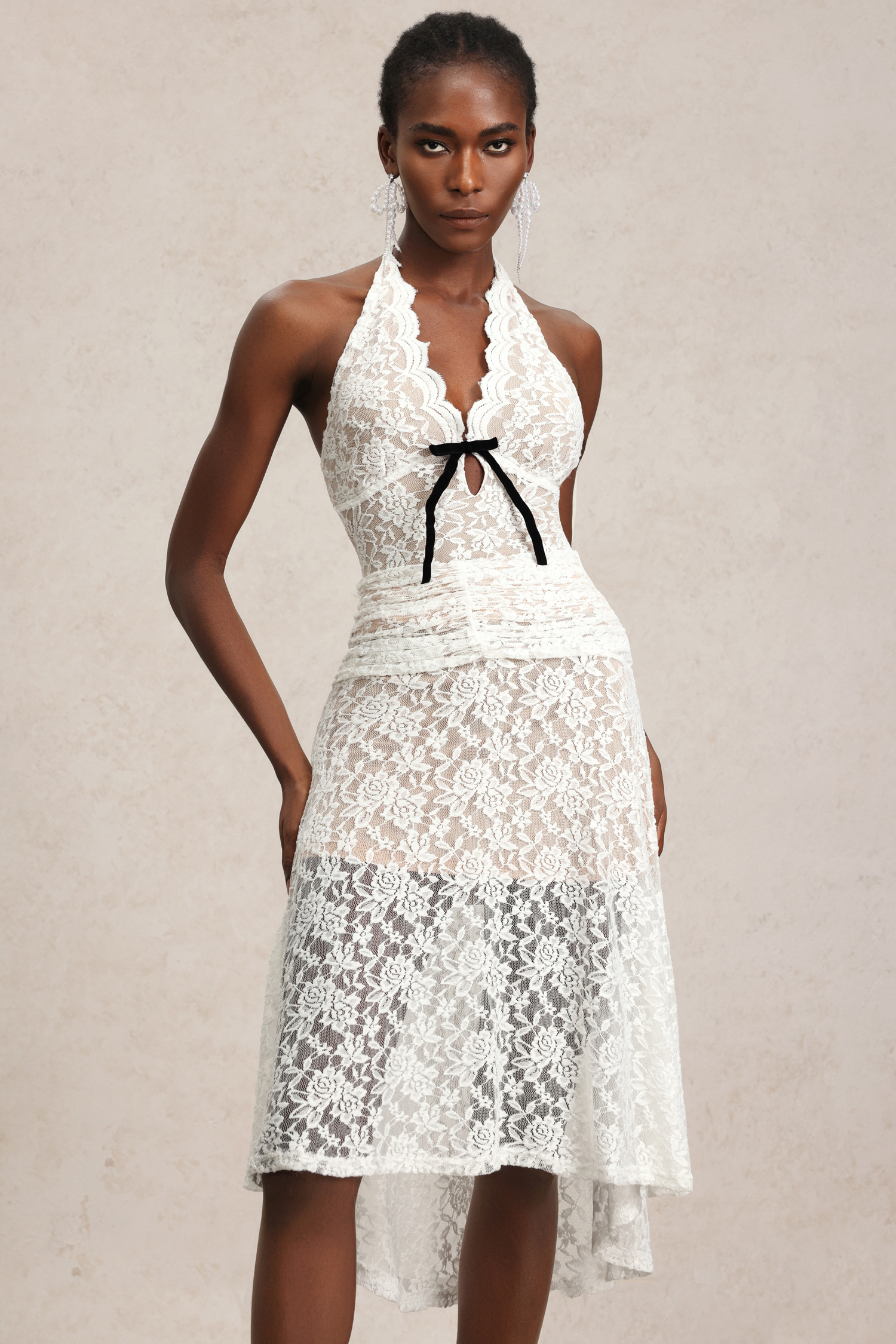 Zakana Halter Lacing Lace Midi Tow-piece Set