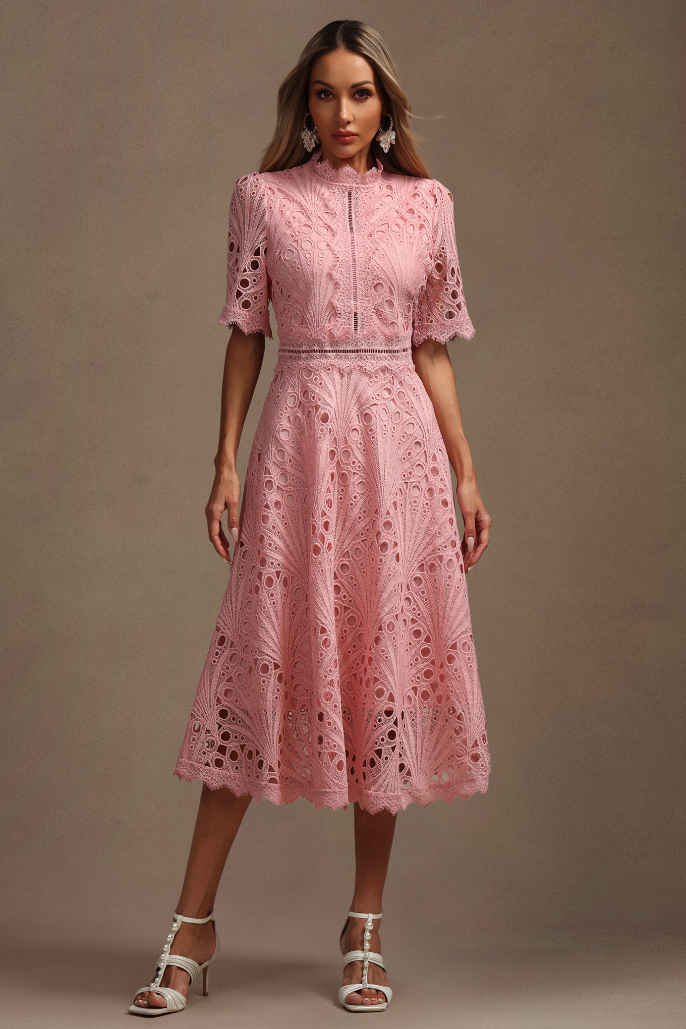 Lzada Short Sleeves Lace Hollow Out Midi Dress