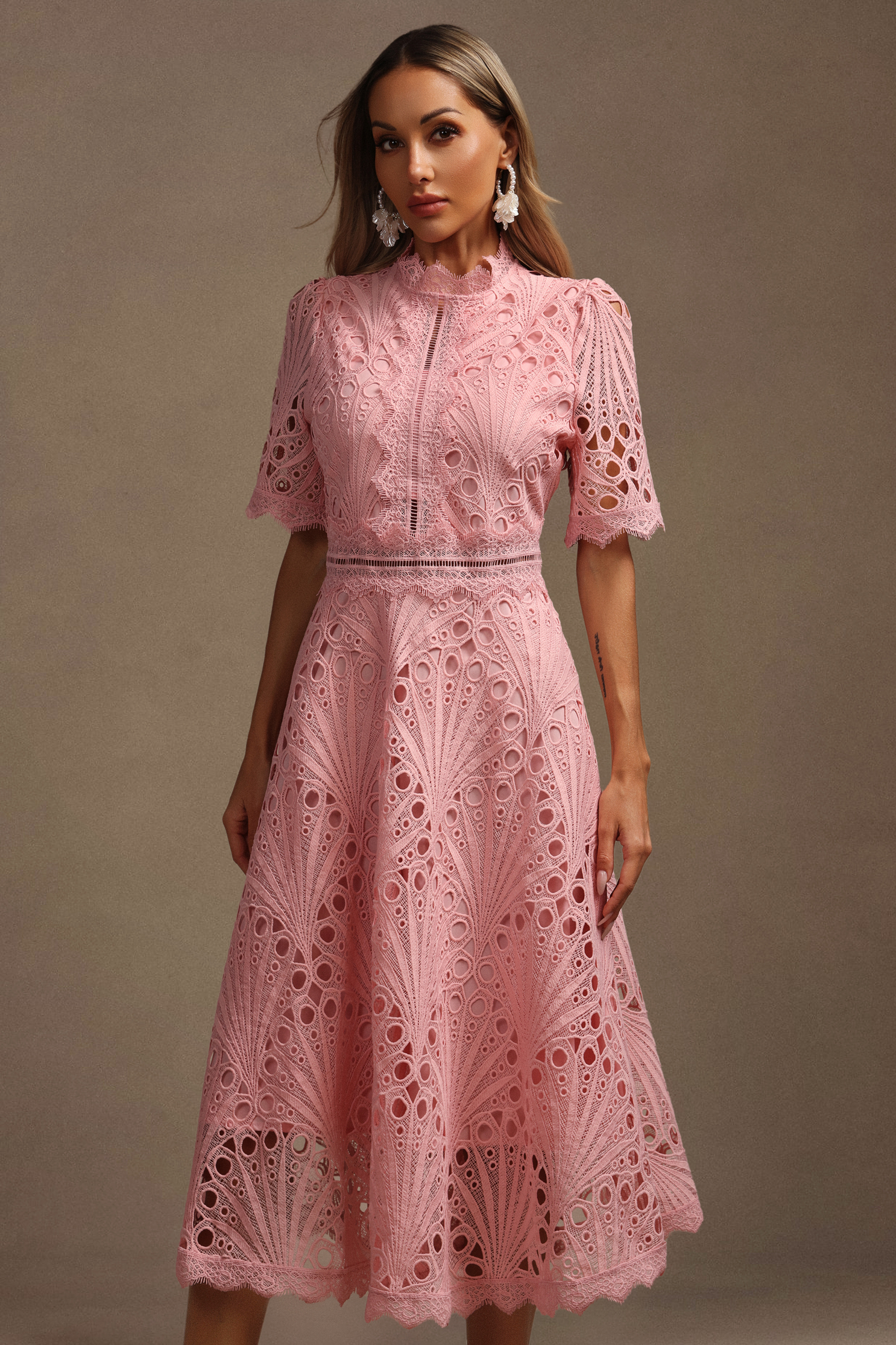 Lzada Short Sleeves Lace Hollow Out Midi Dress