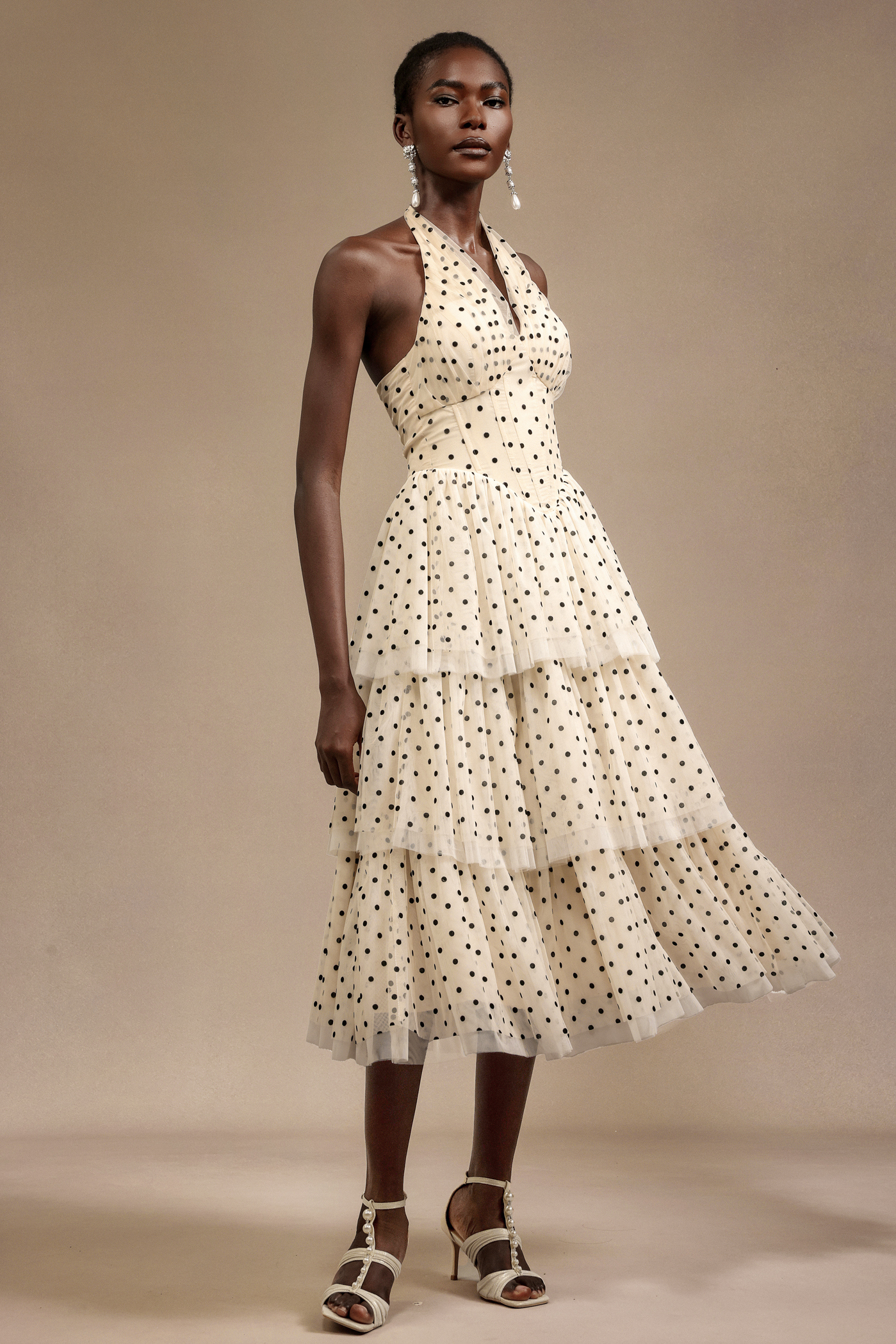 Julieta Sleeveless Dot Printed Layered Folds Midi Dress