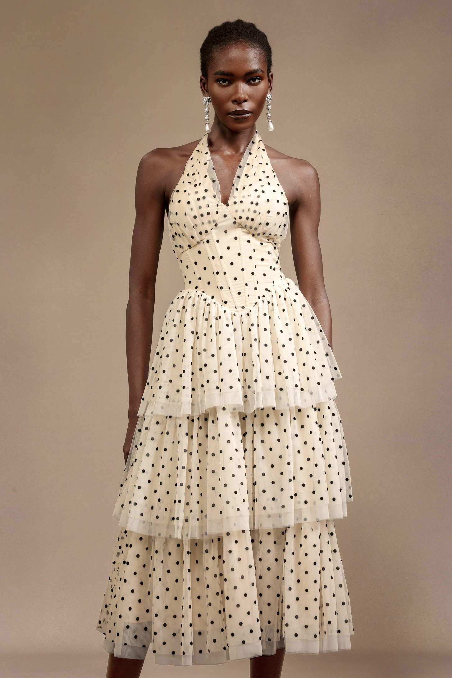 Julieta Sleeveless Dot Printed Layered Folds Midi Dress