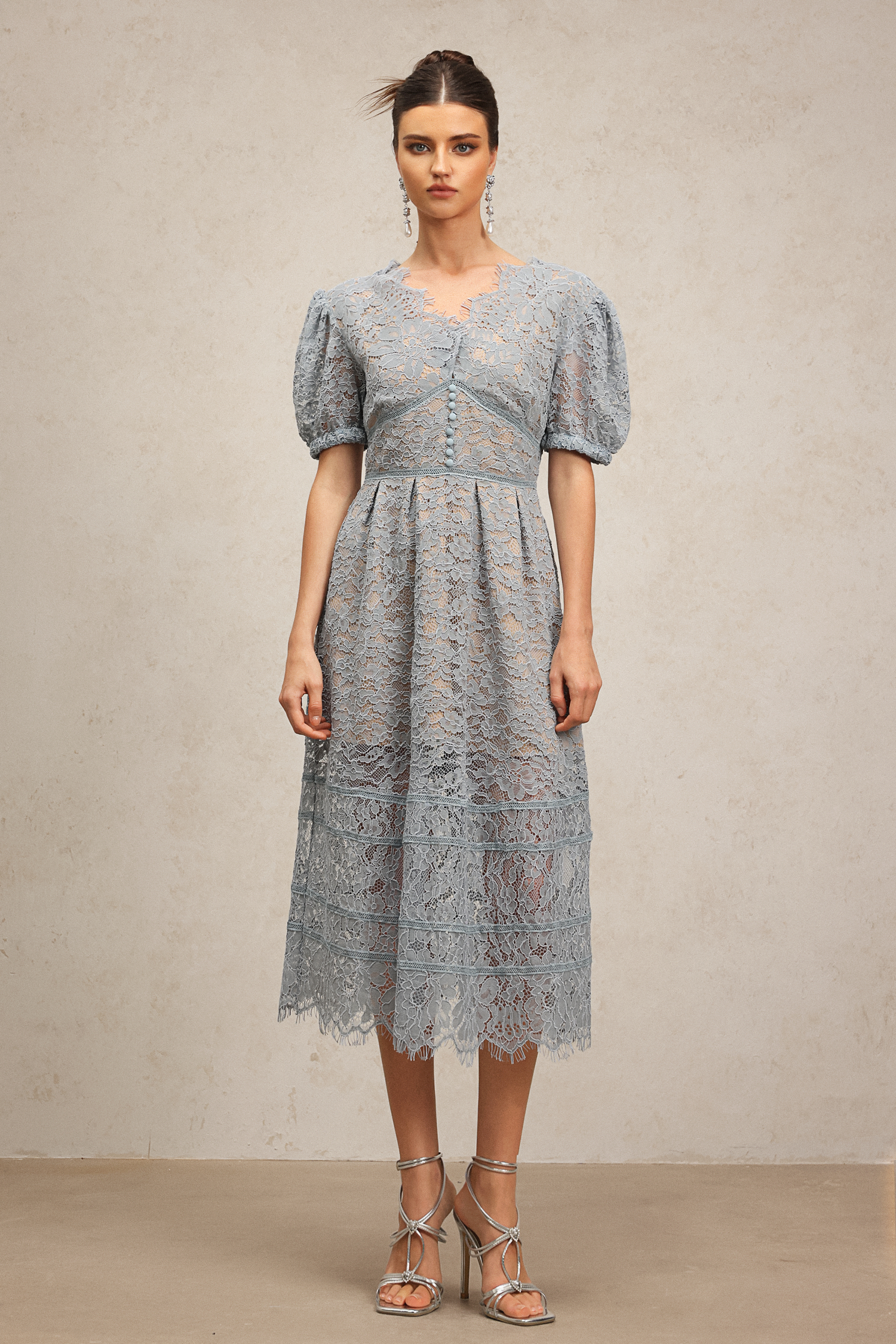 Kiele Short Sleeves Lace Flowers Midi Dress