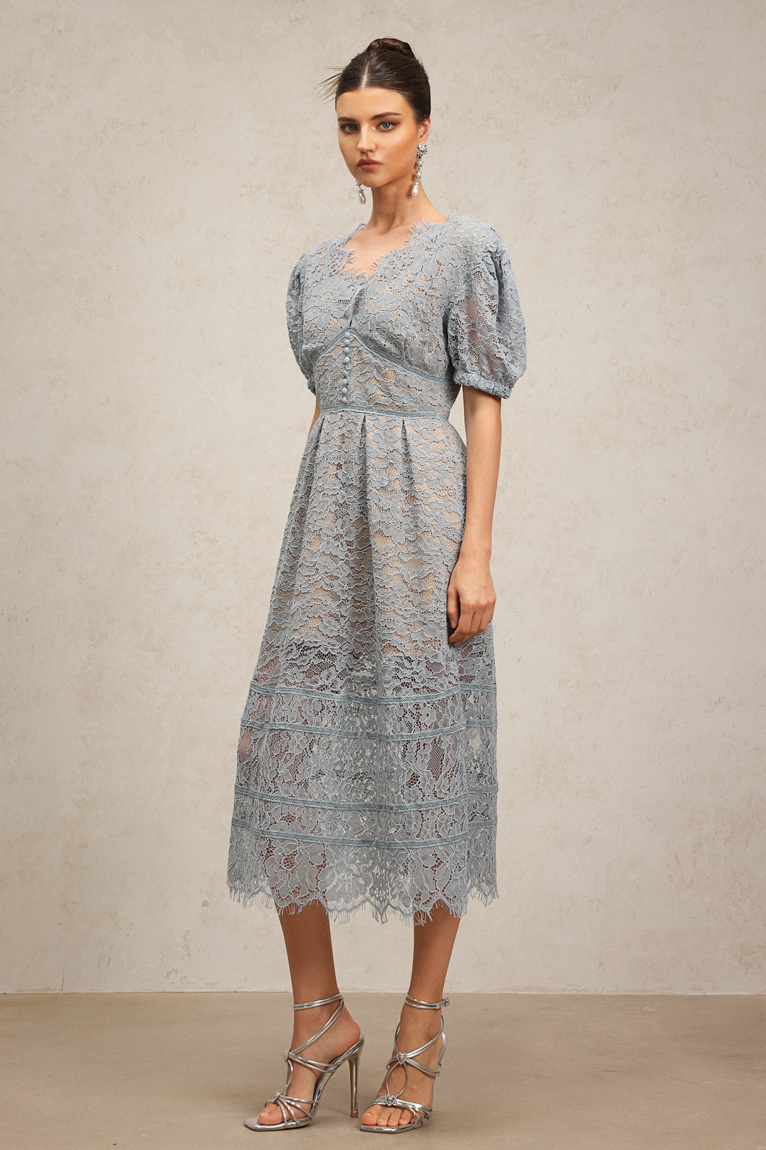Kiele Short Sleeves Lace Flowers Midi Dress