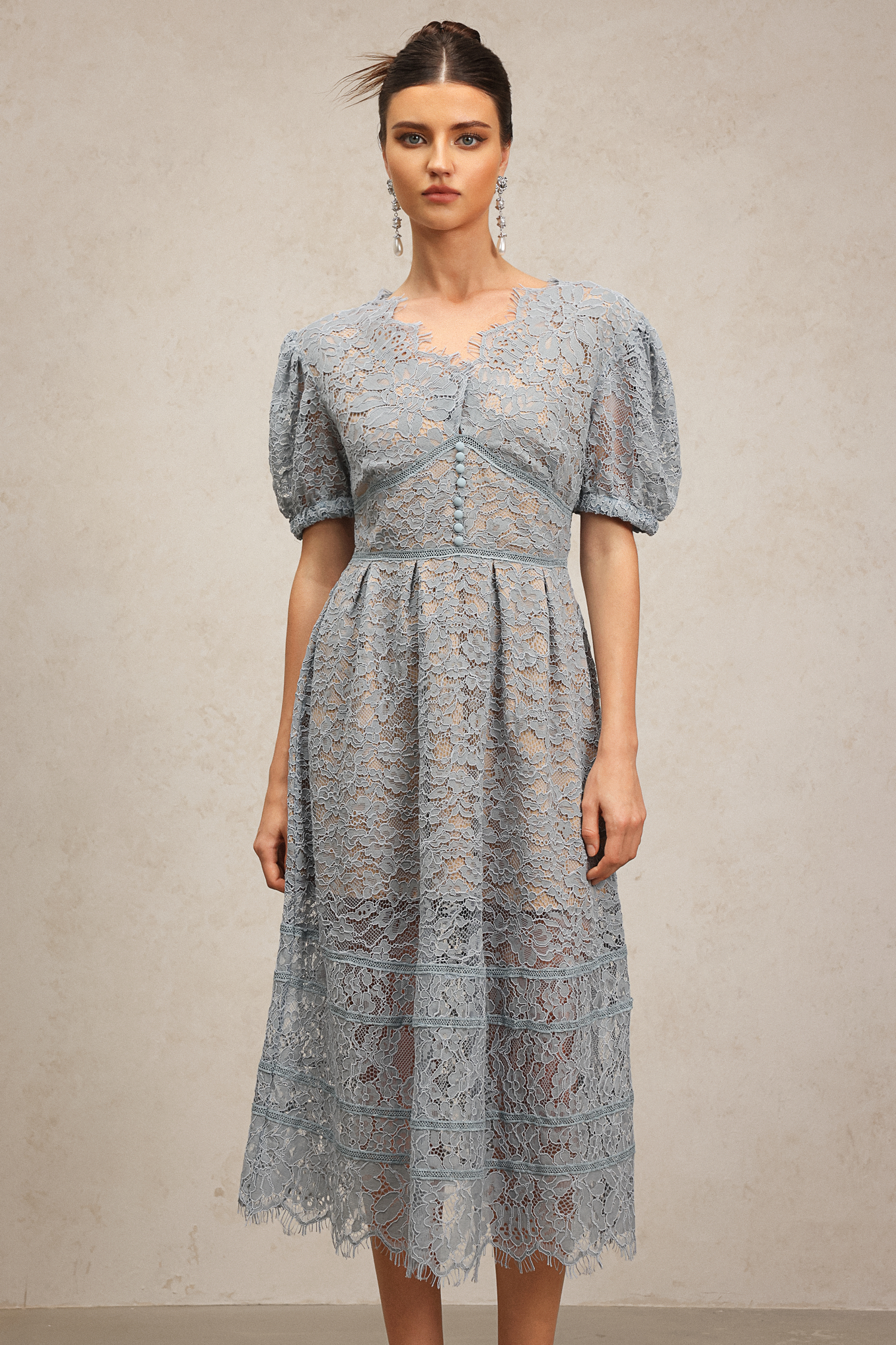 Kiele Short Sleeves Lace Flowers Midi Dress