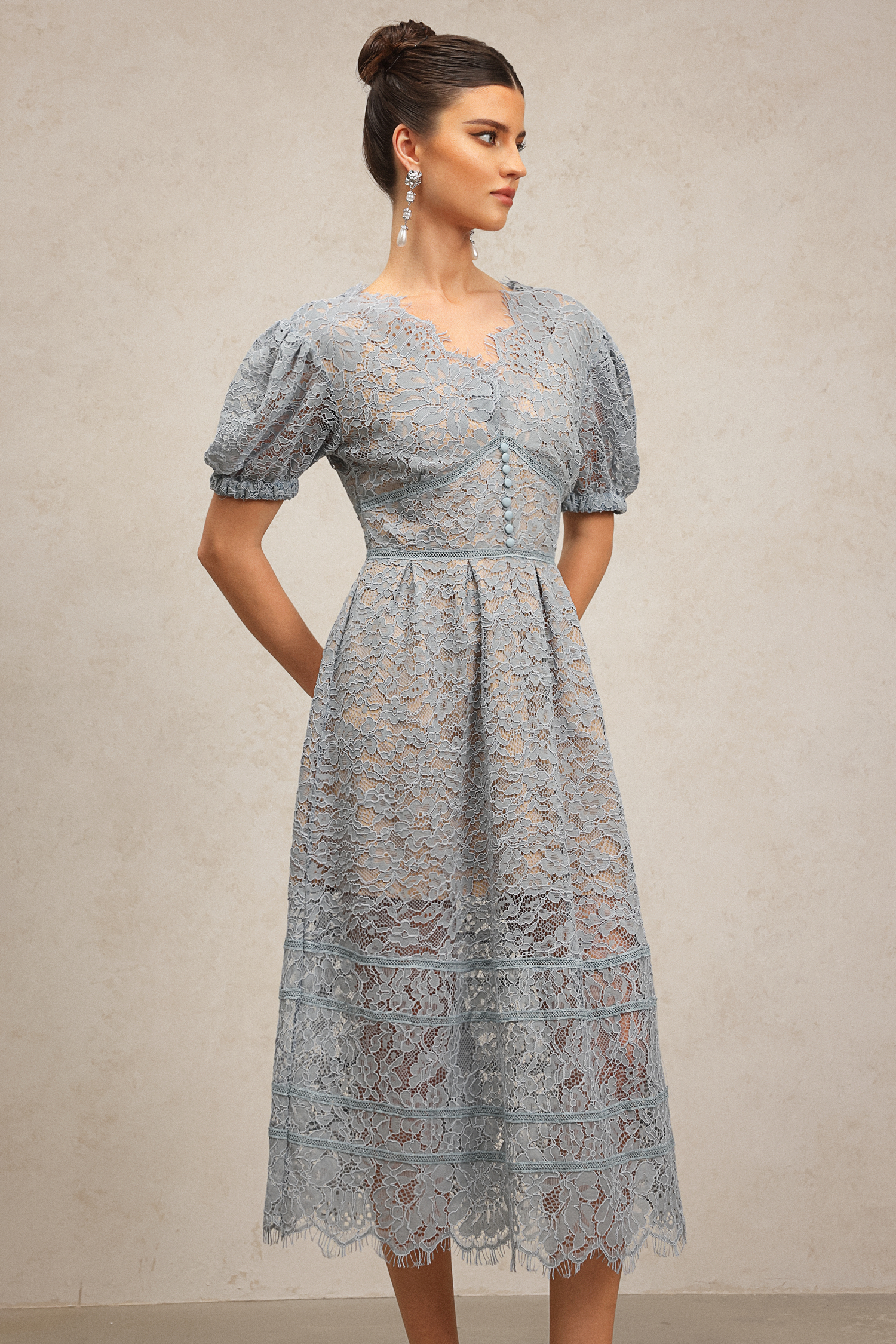 Kiele Short Sleeves Lace Flowers Midi Dress