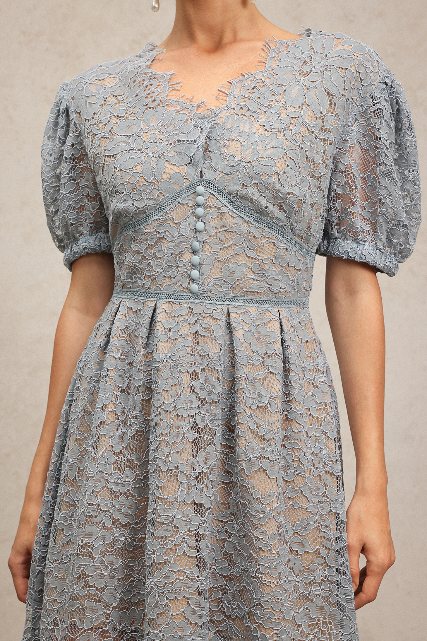 Kiele Short Sleeves Lace Flowers Midi Dress