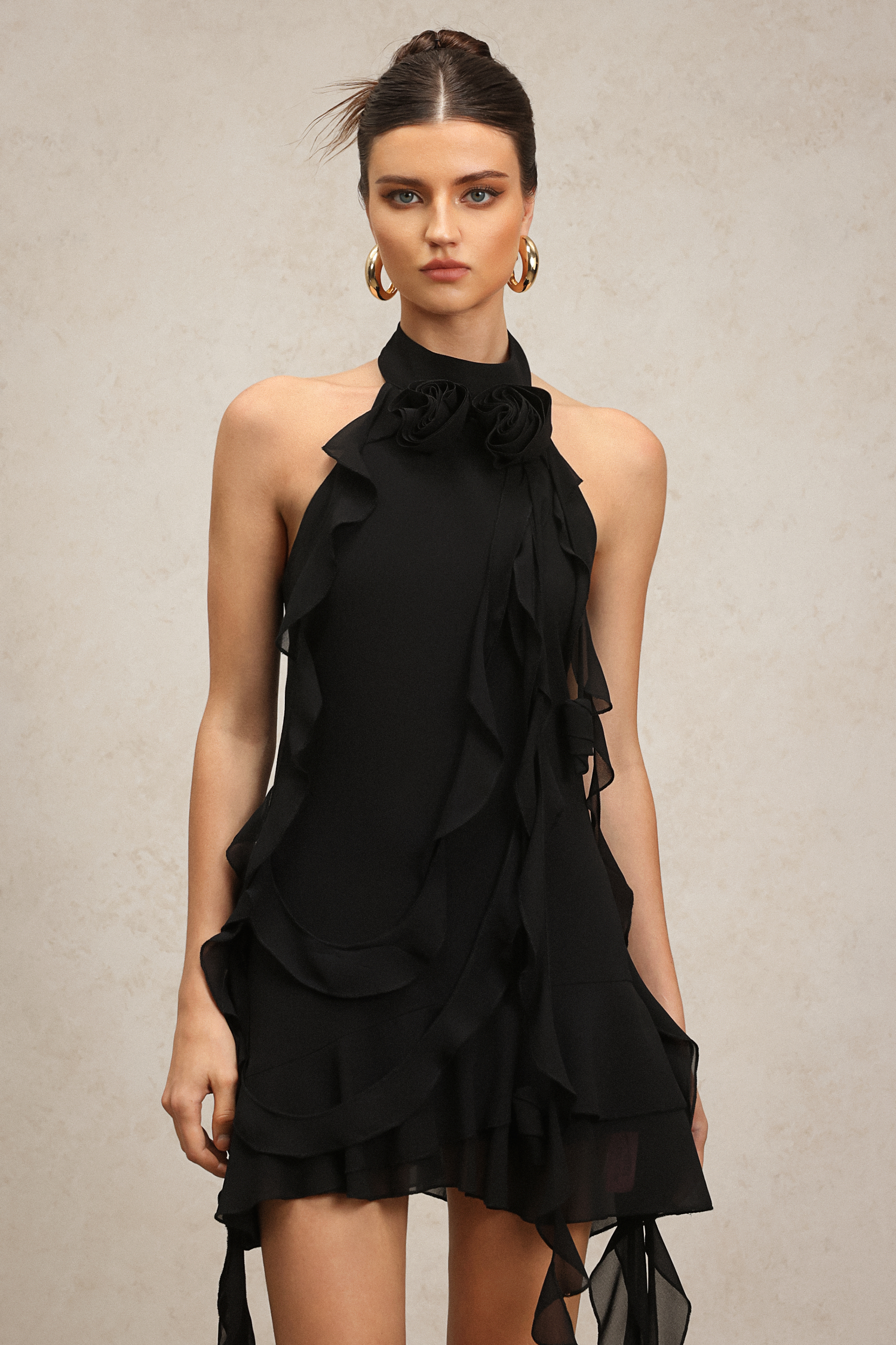 Hermione Halter Sleeveless Flounce Flowers Mini Dress