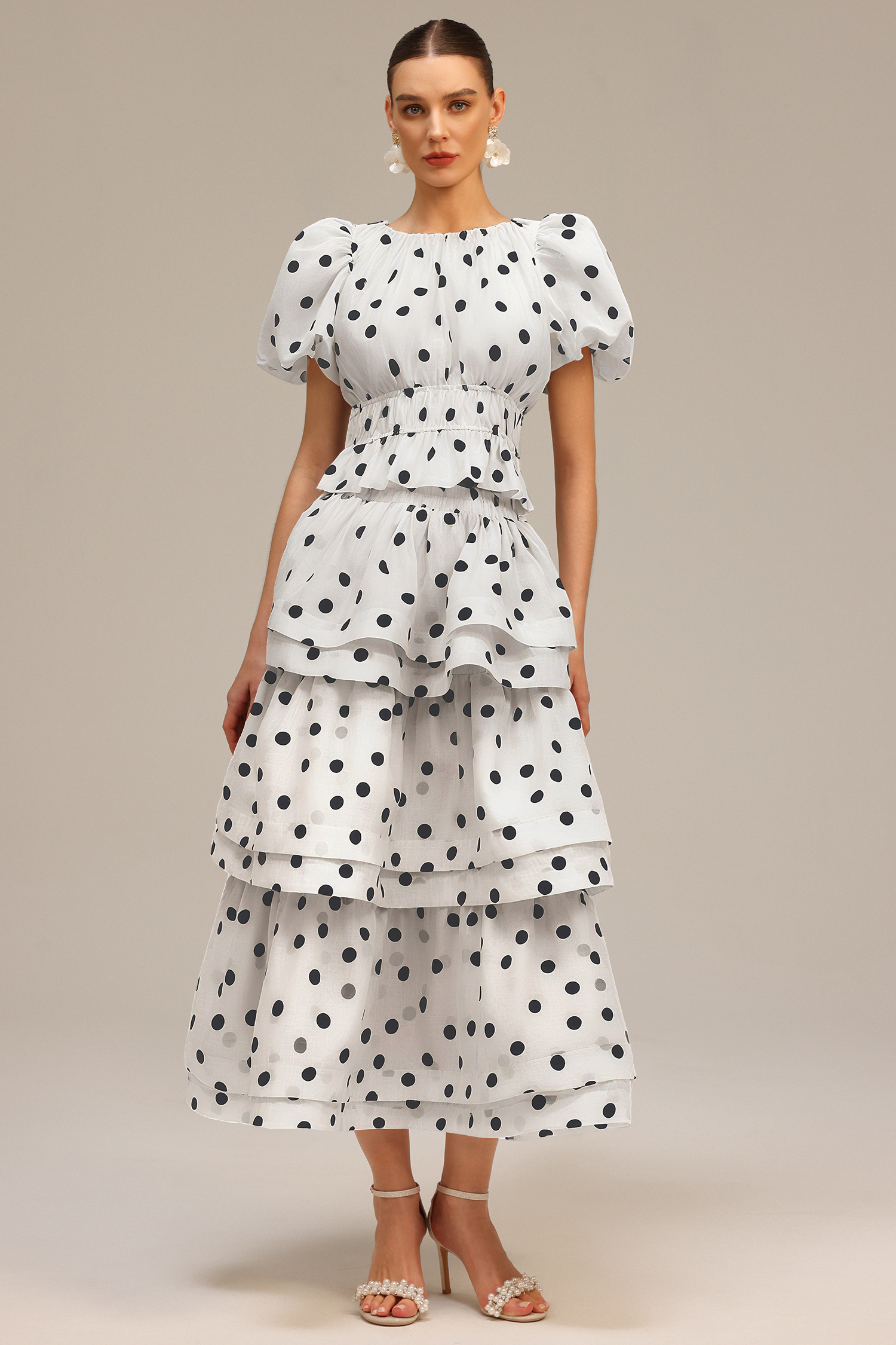 Nasim Puff Sleeves Dot Printed Top And Skirt Two-Piece Set