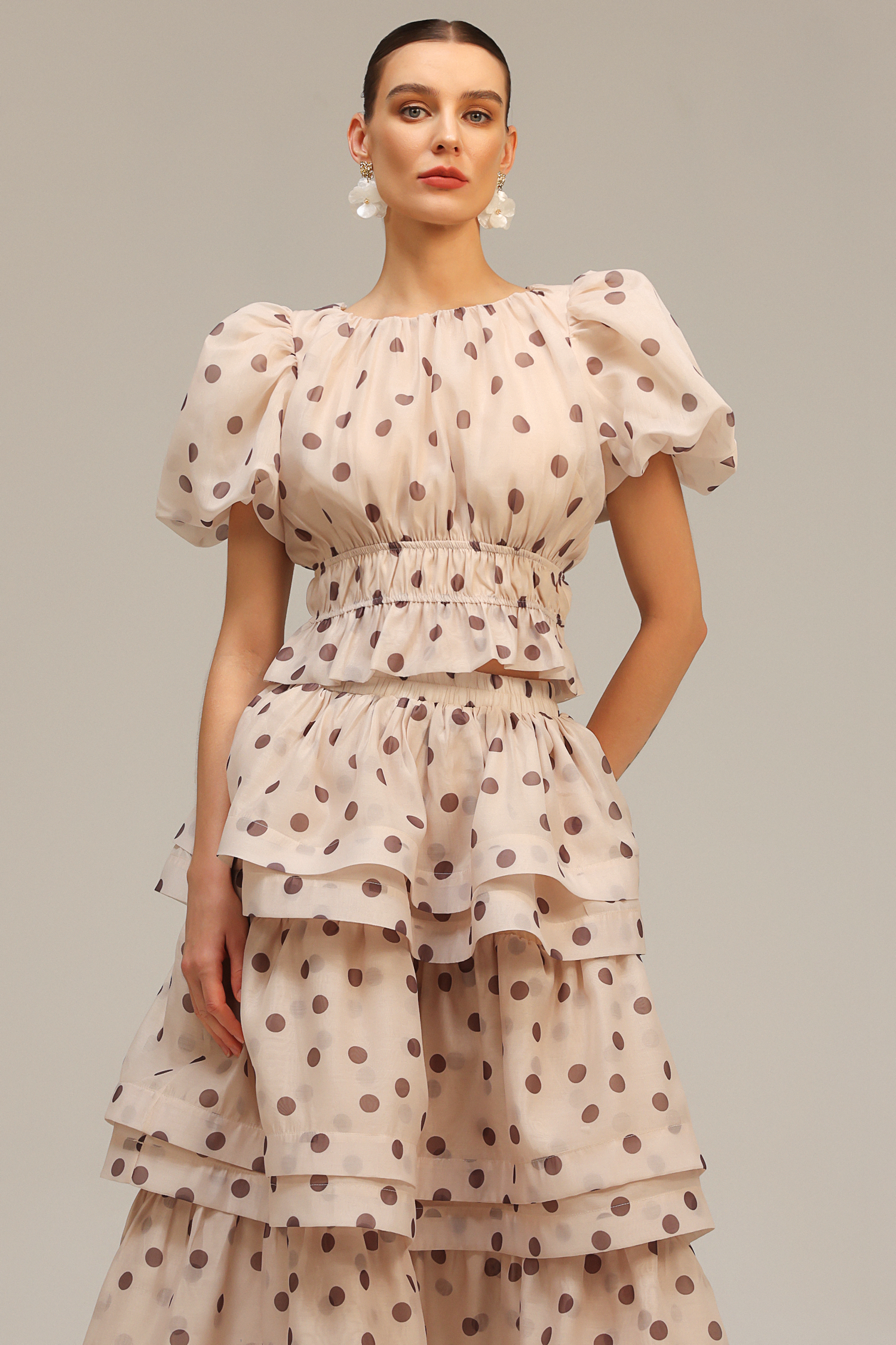 Willa Puff Sleeves Dot Printed Top And Skirt Two-Piece Set