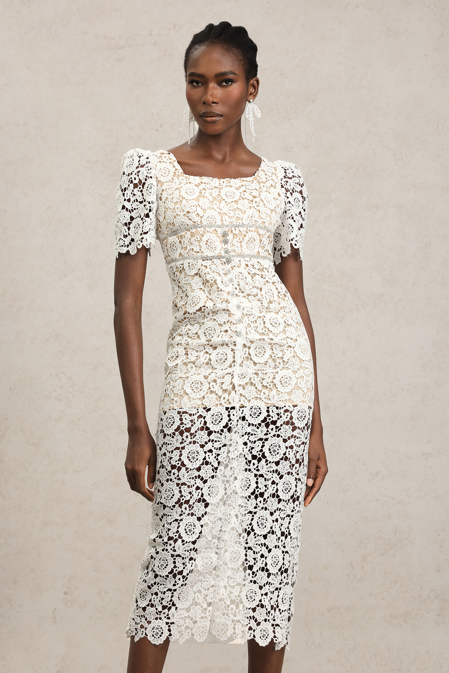Savia Short Sleeves Diamond Lace Midi Dress