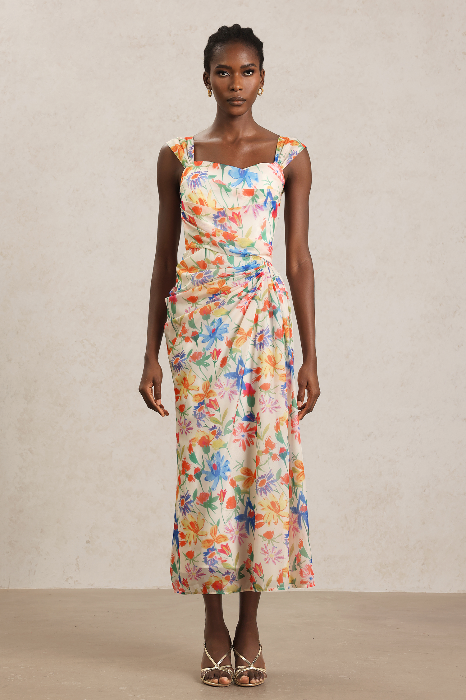 Soloma Halter Folds Floral Printed Maxi Dress