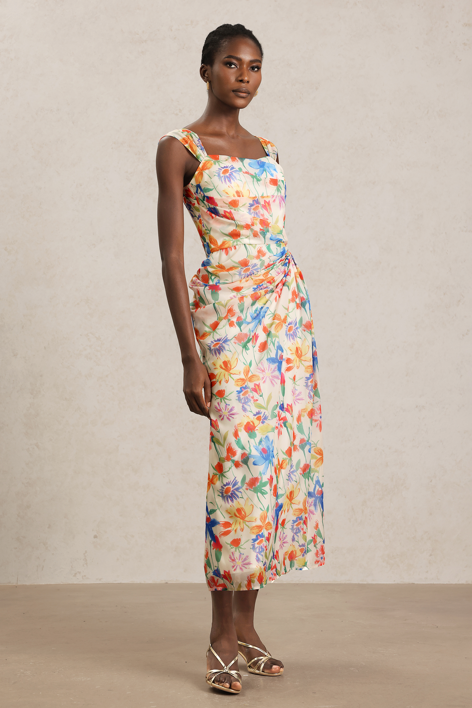 Soloma Halter Folds Floral Printed Maxi Dress