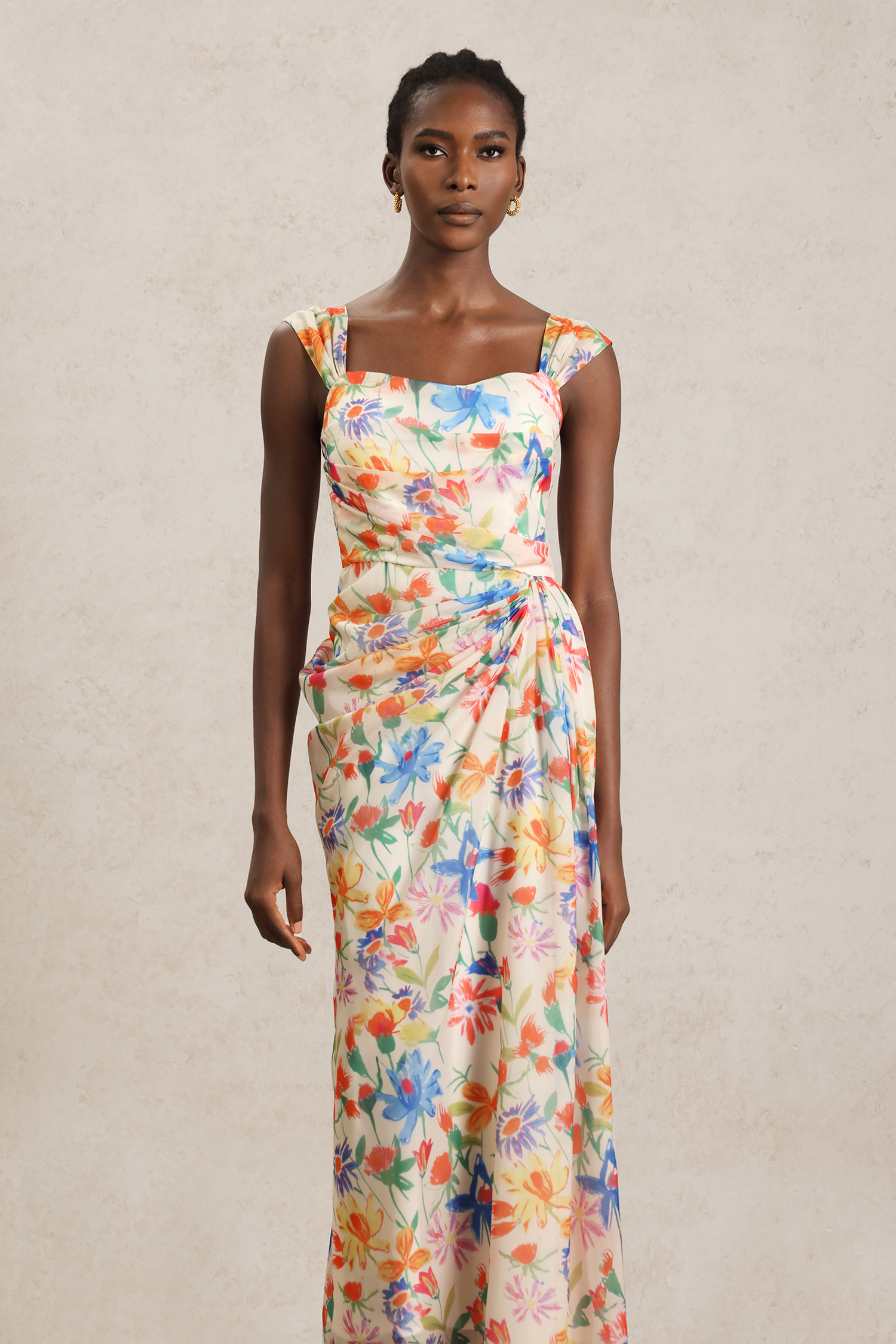 Soloma Halter Folds Floral Printed Maxi Dress