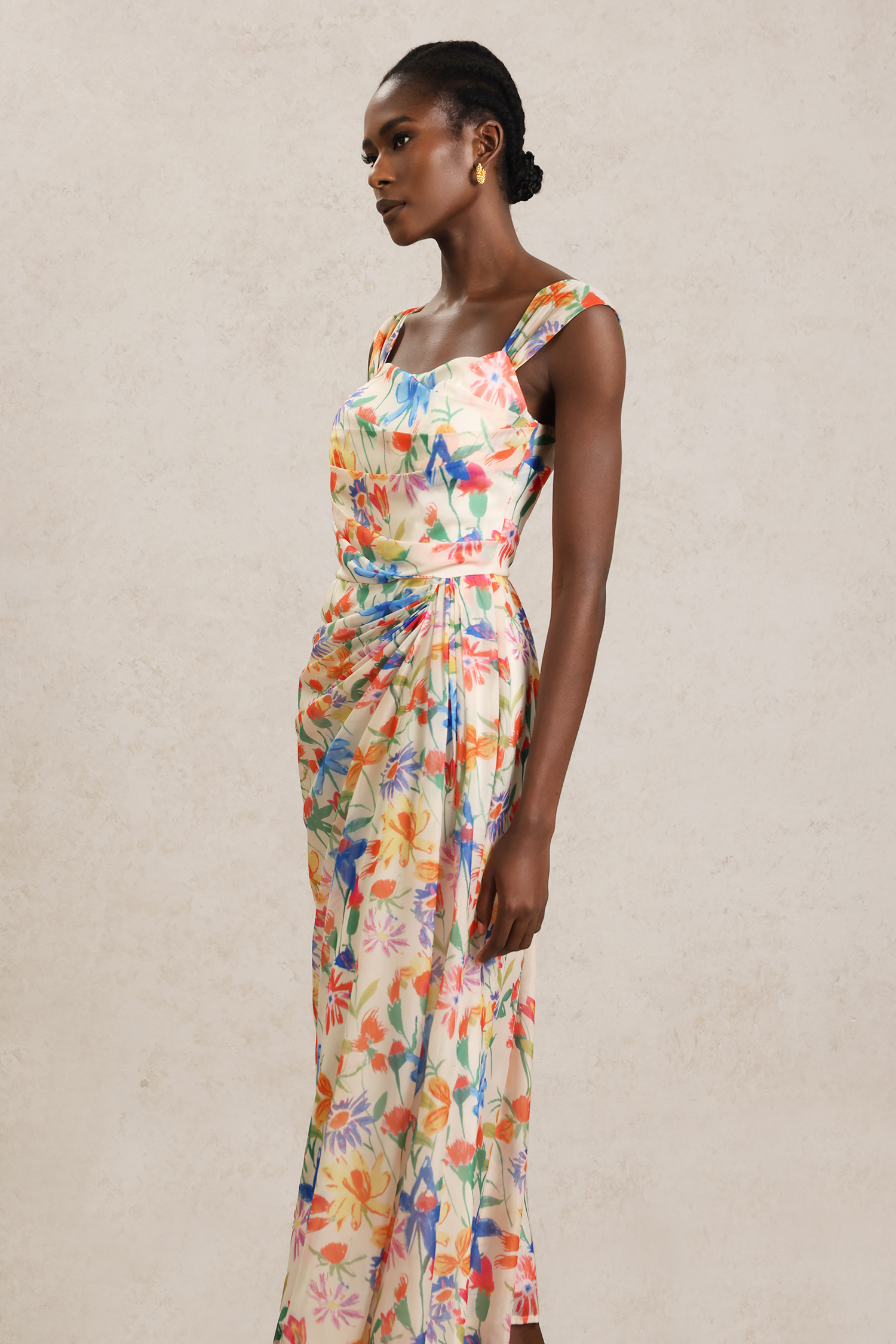 Soloma Halter Folds Floral Printed Maxi Dress