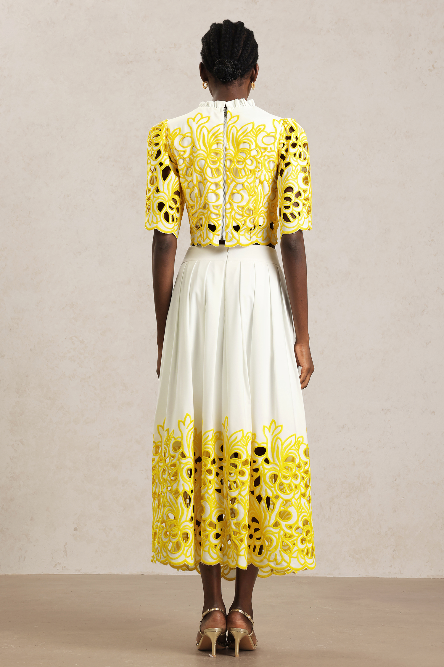 Uzaco Round Neck Elbow Sleeve Hollow Out Top And Skirt Two-Piece Set