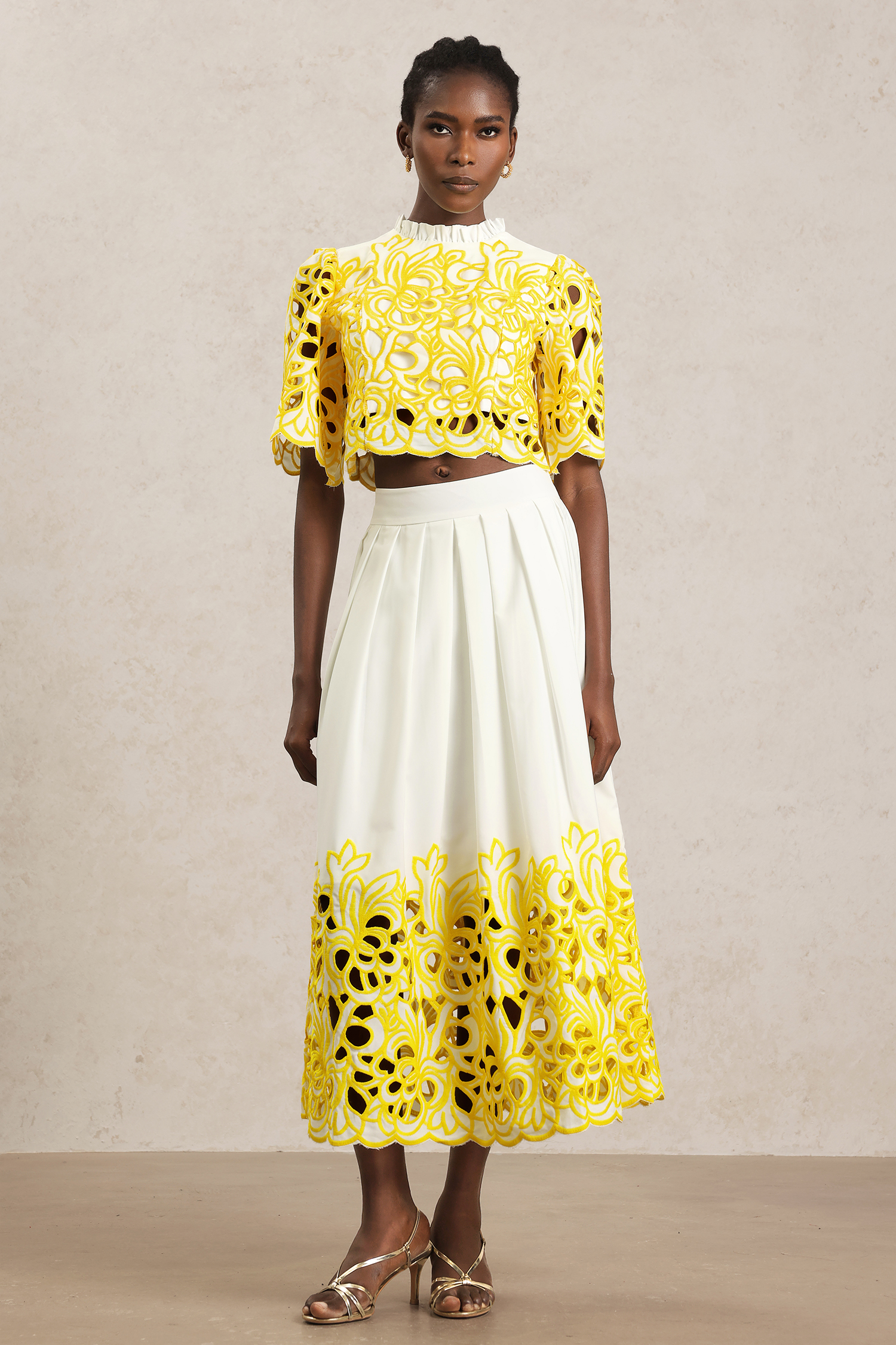 Uzaco Round Neck Elbow Sleeve Hollow Out Top And Skirt Two-Piece Set