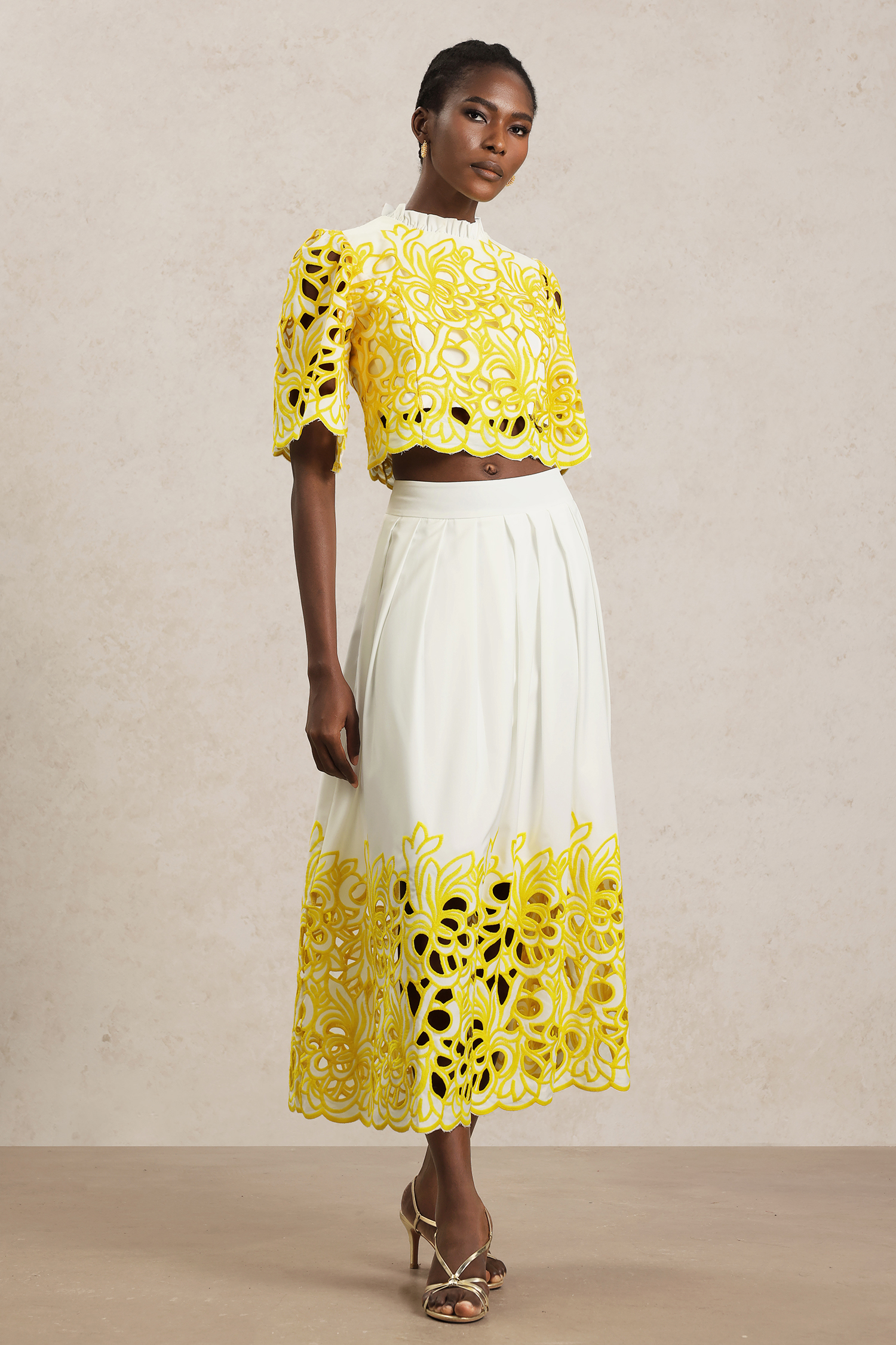 Uzaco Round Neck Elbow Sleeve Hollow Out Top And Skirt Two-Piece Set