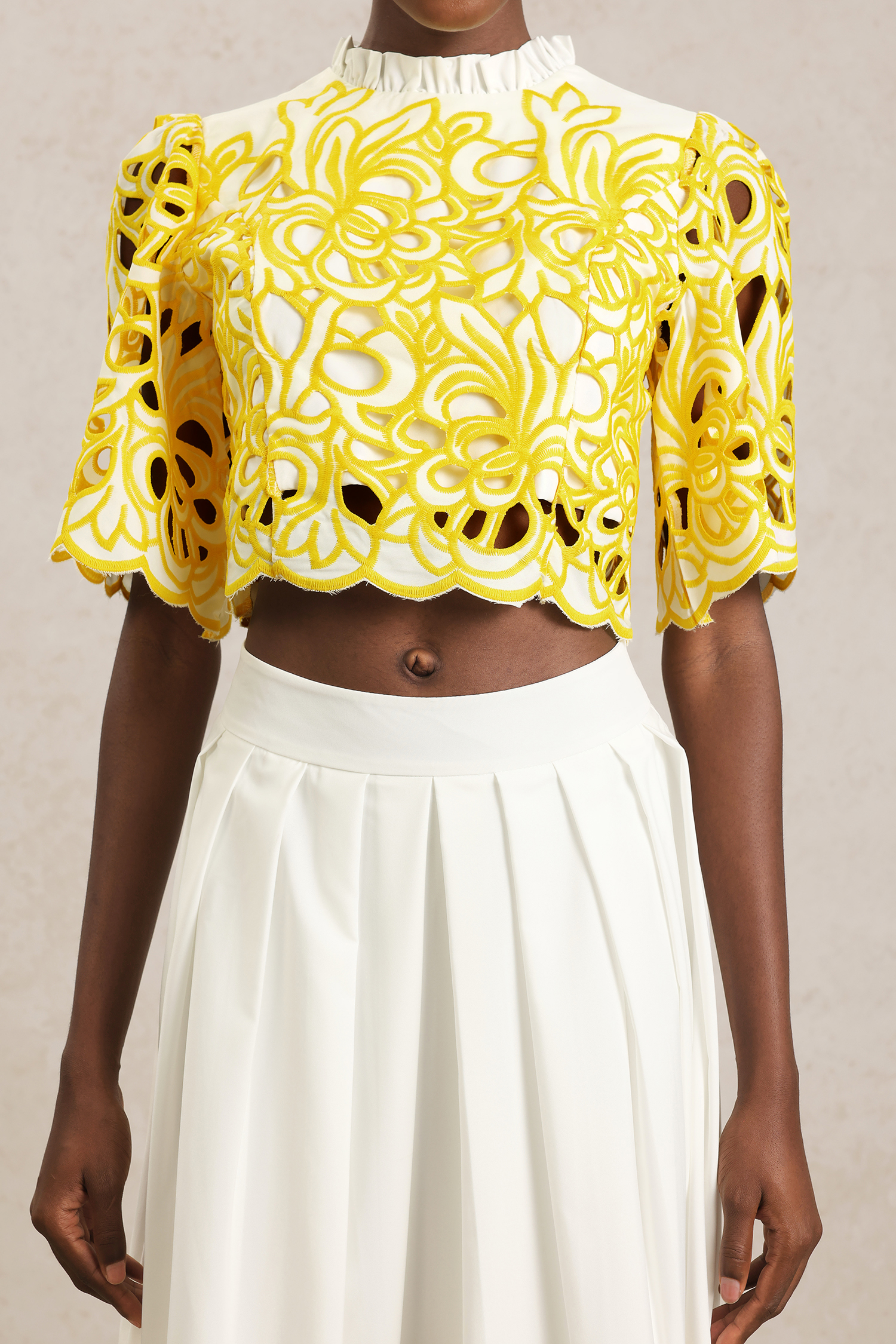 Uzaco Round Neck Elbow Sleeve Hollow Out Top And Skirt Two-Piece Set