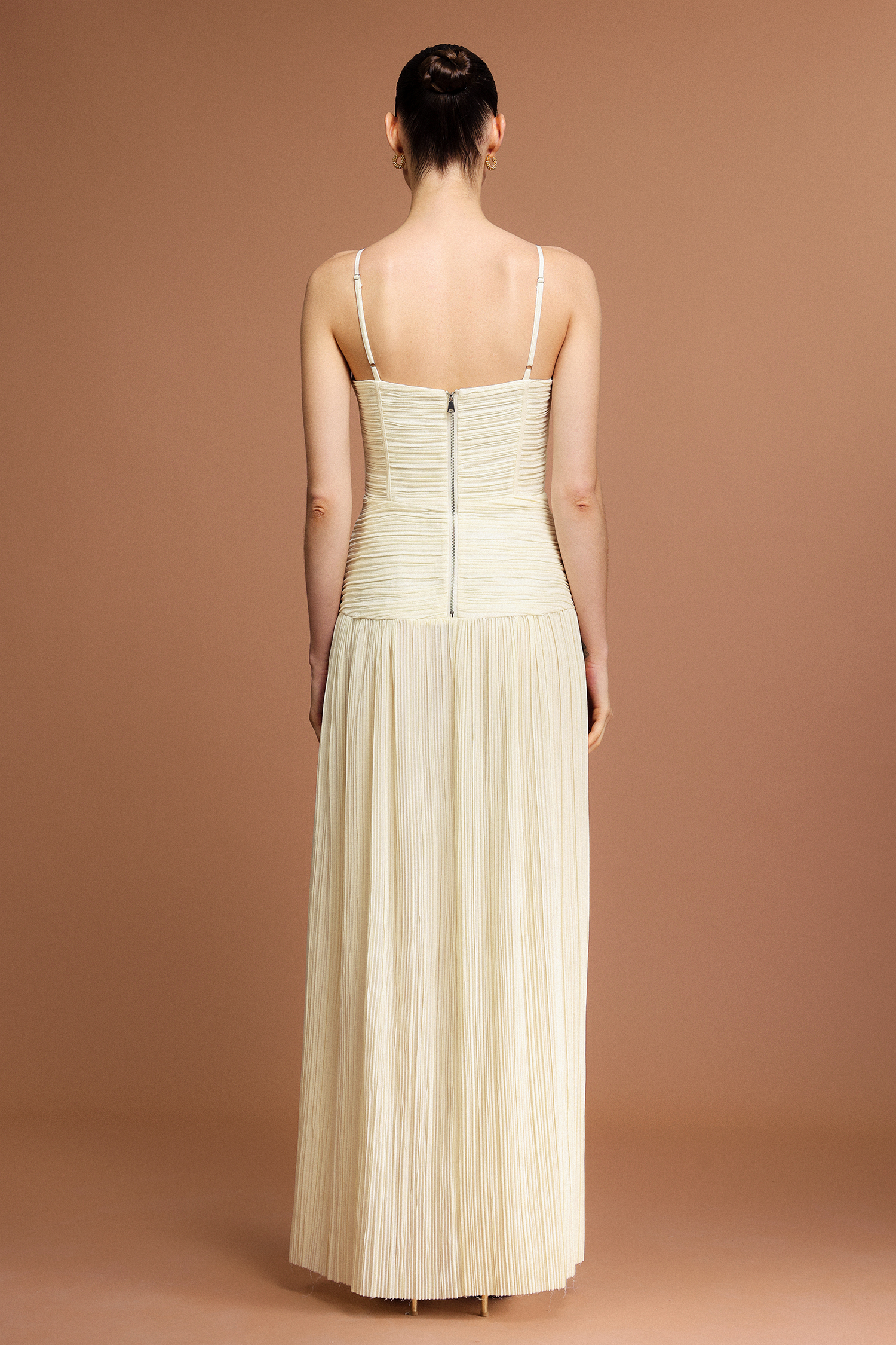 Serena Halter Fishbone Folds Slit Maxi Dress