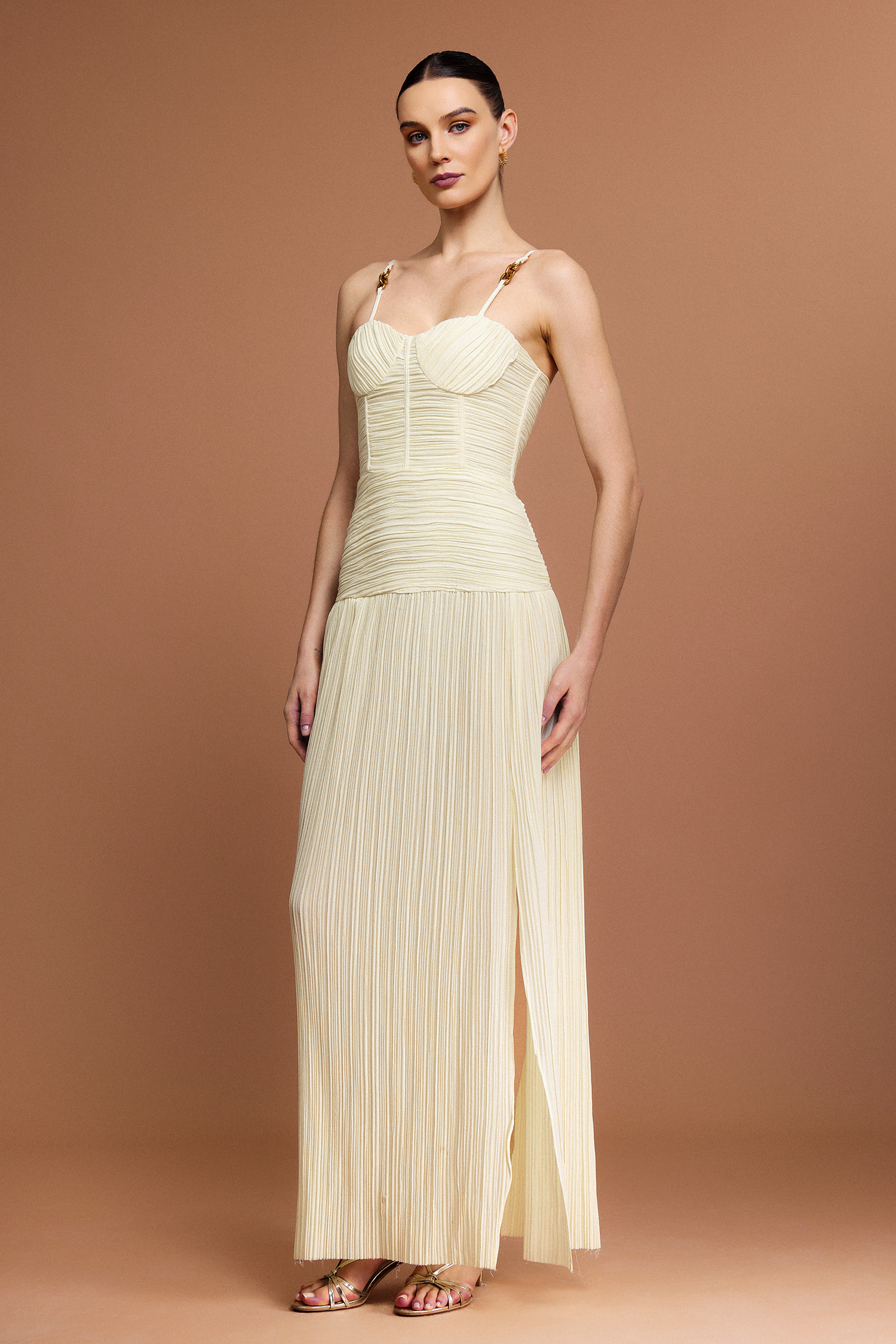 Serena Halter Fishbone Folds Slit Maxi Dress