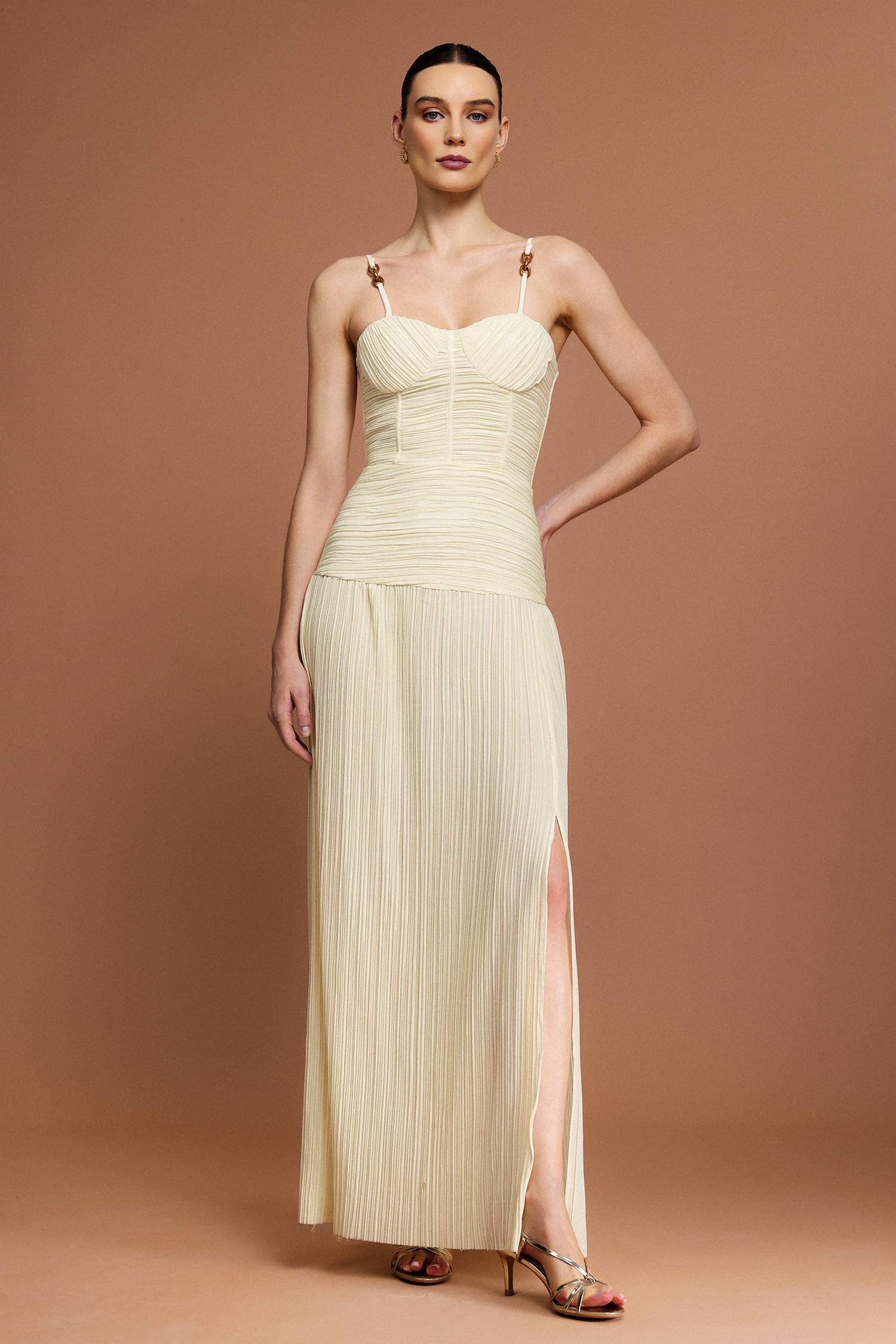 Serena Halter Fishbone Folds Slit Maxi Dress