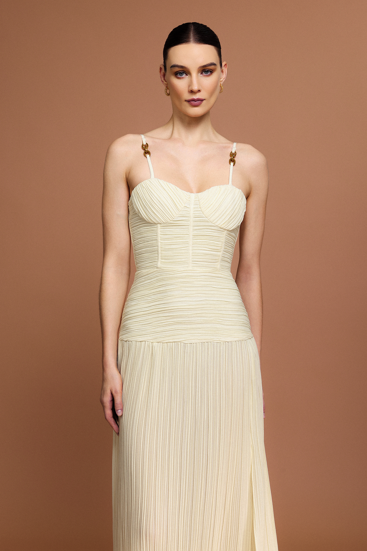 Serena Halter Fishbone Folds Slit Maxi Dress