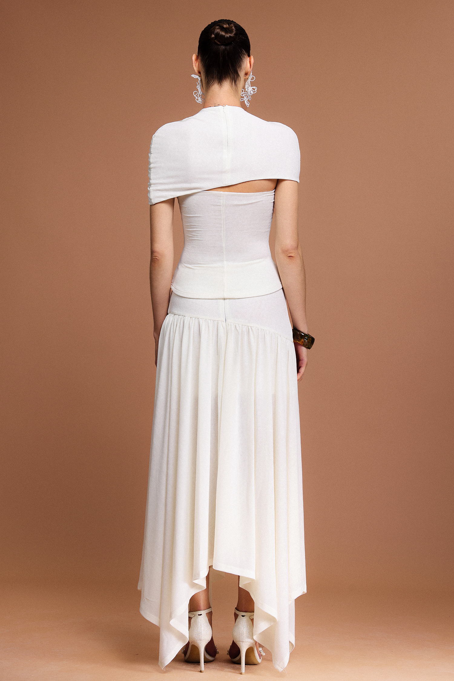 Fresco Short Sleeves Asymmetric Folds Top And Skirt Two-Piece Set