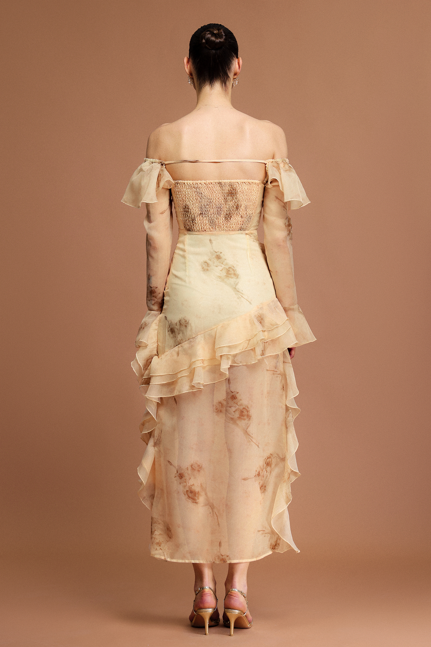 Lucretia Off-The-Shoulder Long Sleeves Printed Folds Asymmetric Midi Dress