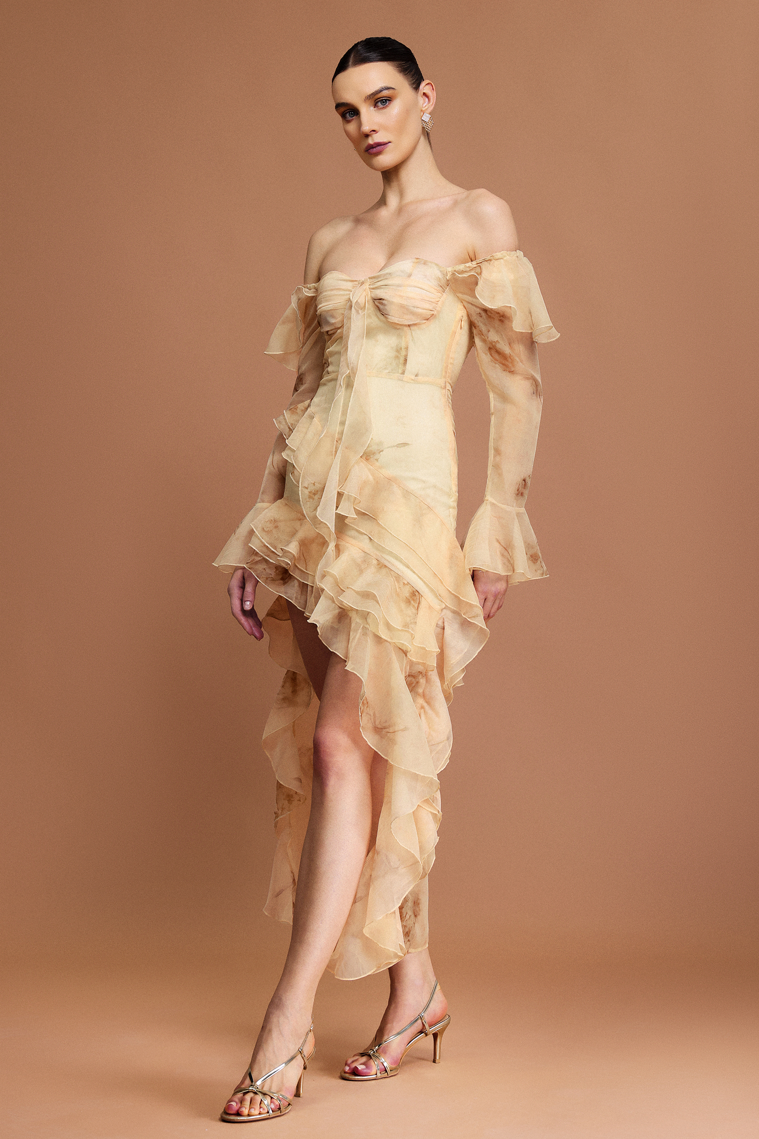 Lucretia Off-The-Shoulder Long Sleeves Printed Folds Asymmetric Midi Dress