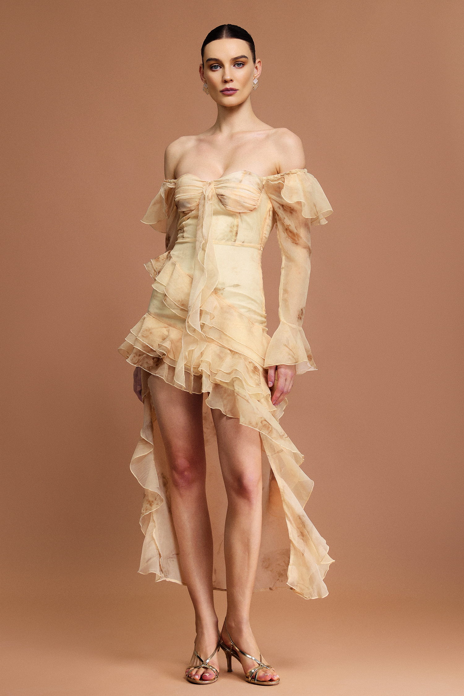 Lucretia Off-The-Shoulder Long Sleeves Printed Folds Asymmetric Midi Dress