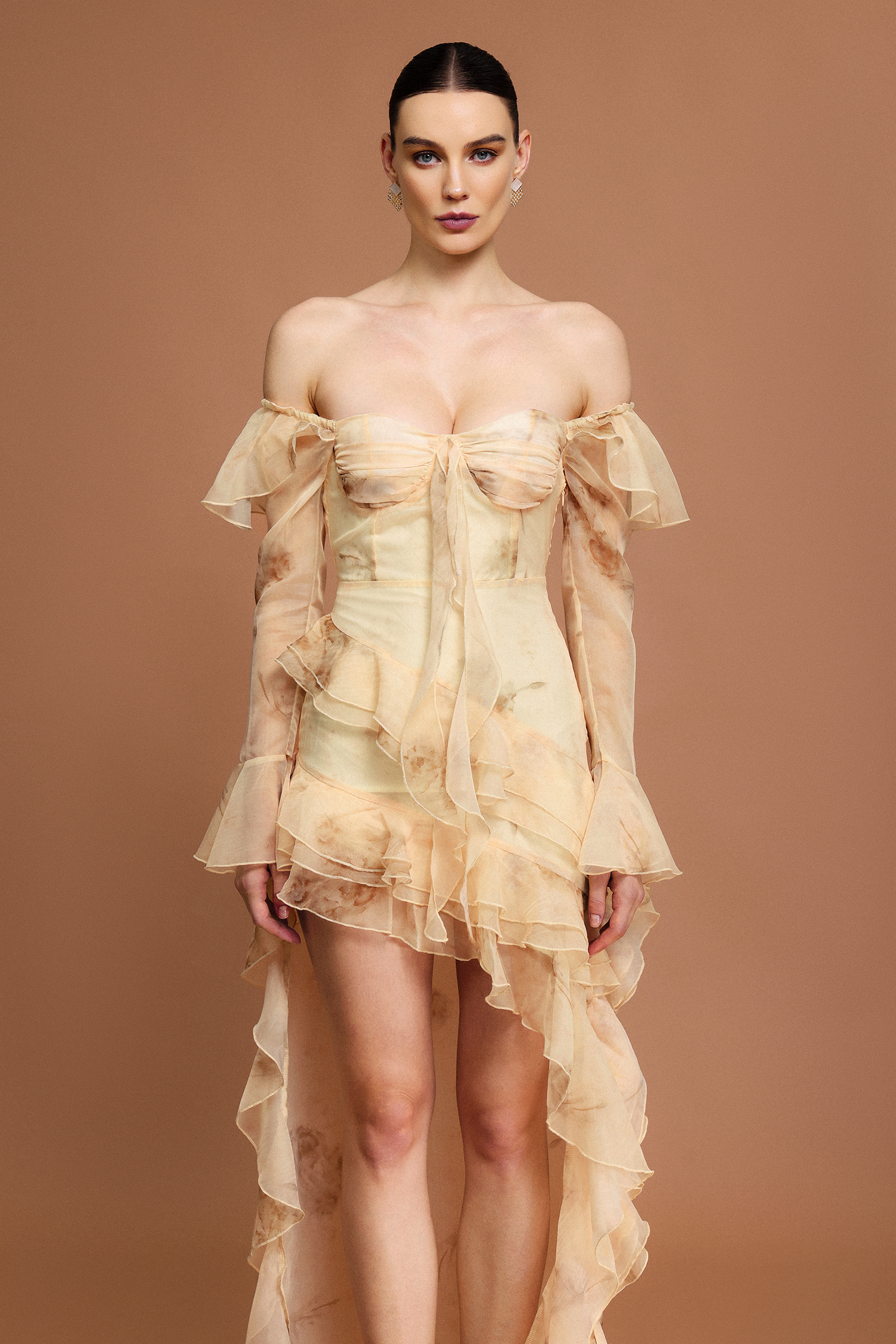 Lucretia Off-The-Shoulder Long Sleeves Printed Folds Asymmetric Midi Dress