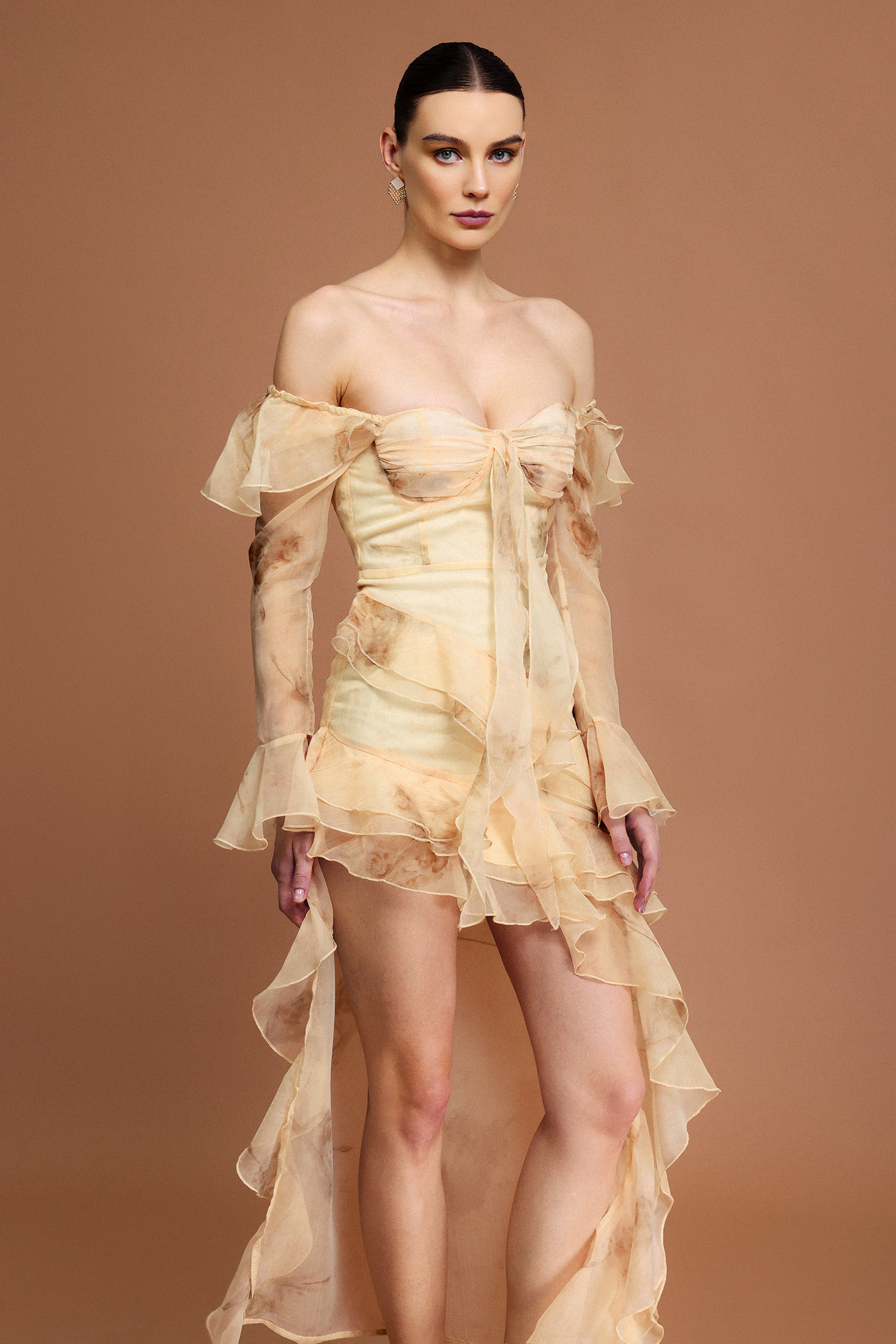 Lucretia Off-The-Shoulder Long Sleeves Printed Folds Asymmetric Midi Dress