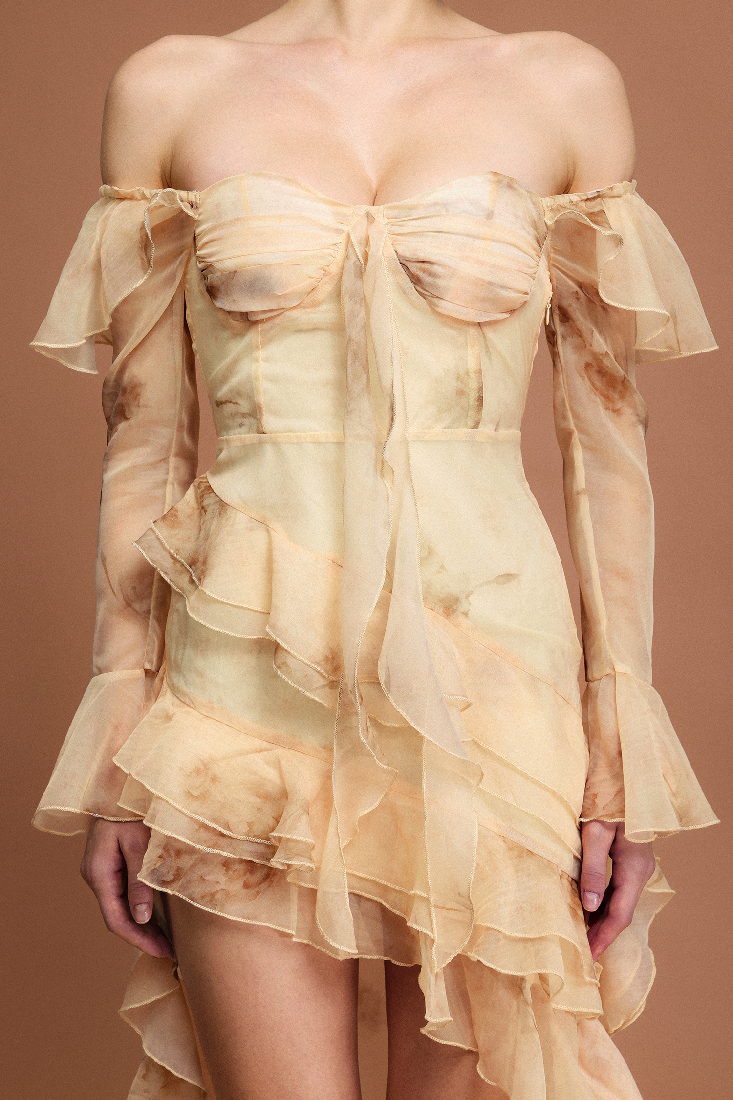 Lucretia Off-The-Shoulder Long Sleeves Printed Folds Asymmetric Midi Dress