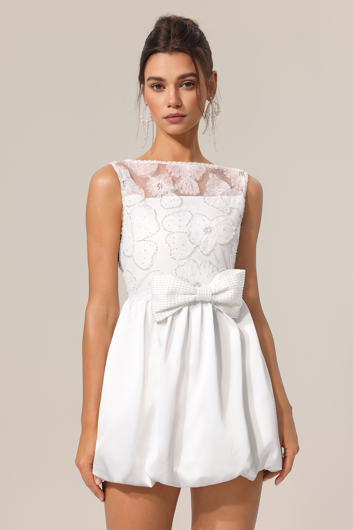 Shea Sleeveless Bowknot Embroidery Flowers Lace Mini Dress