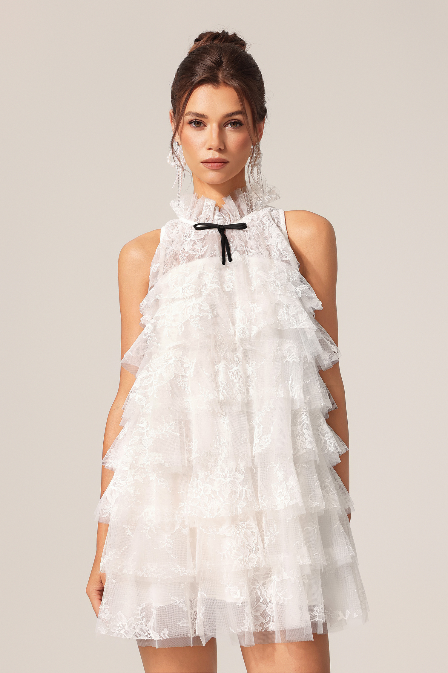 Dixi Sleeveless Folds Flowers Lace Mini Dress