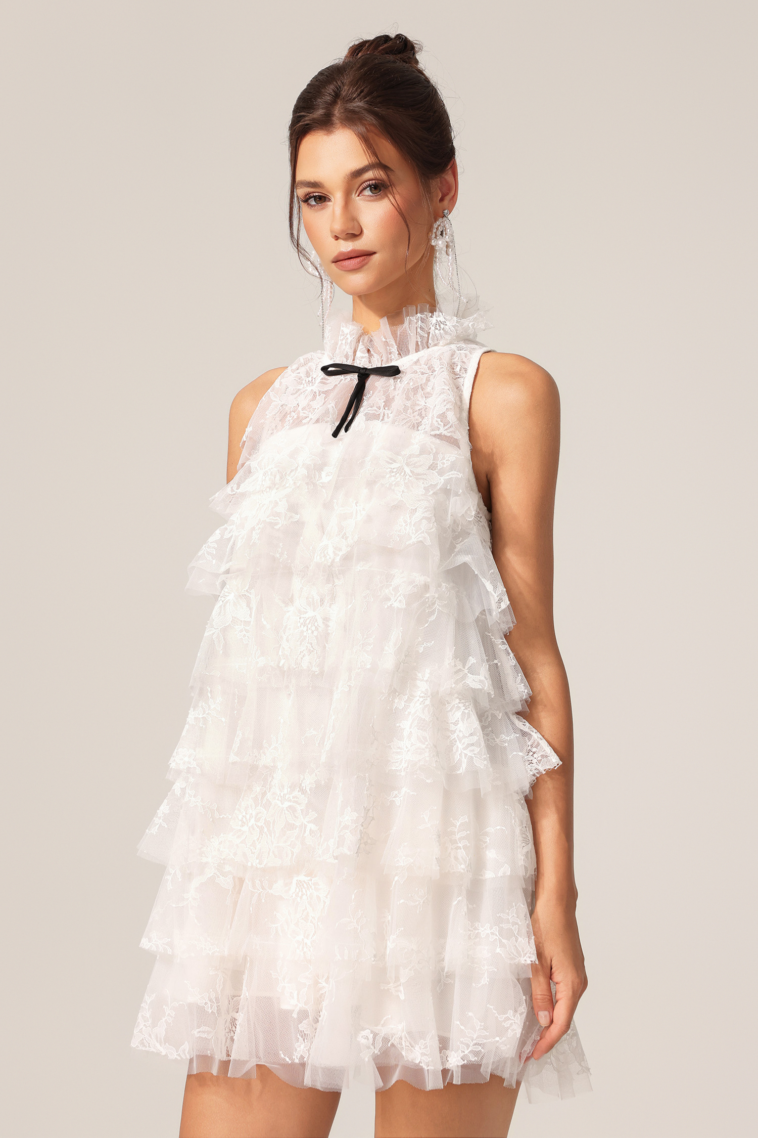 Dixi Sleeveless Folds Flowers Lace Mini Dress