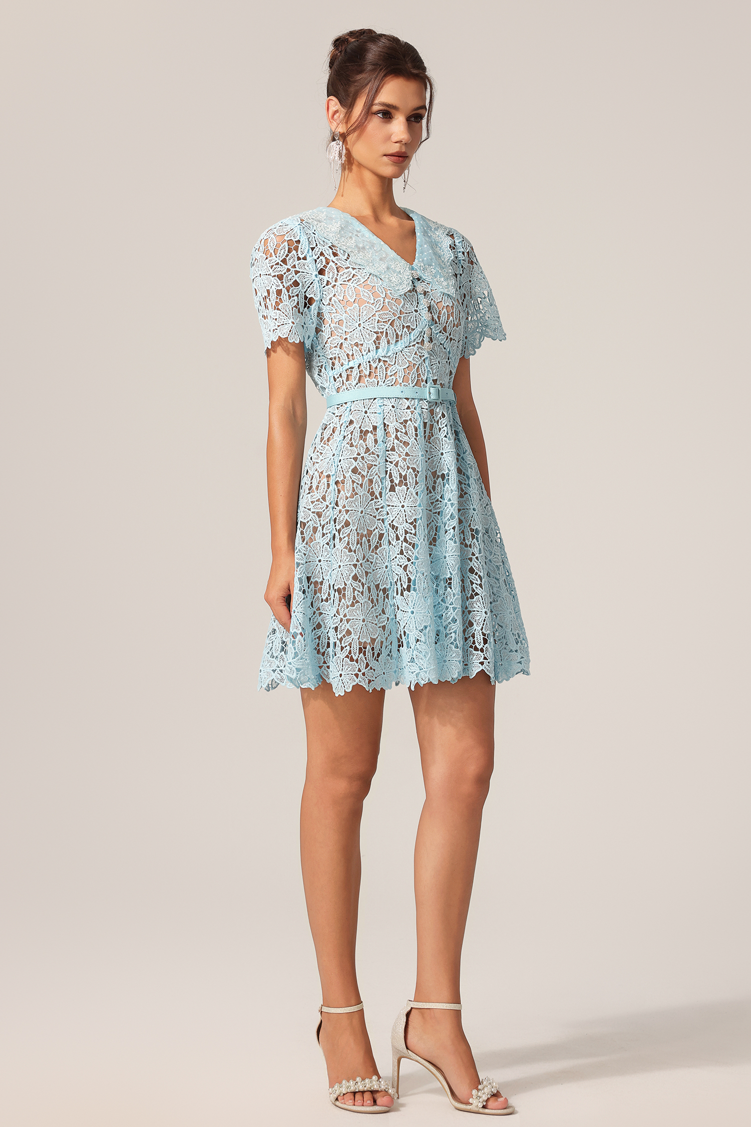 Uerzay Short Sleeves Flowers Lace Mini Dress