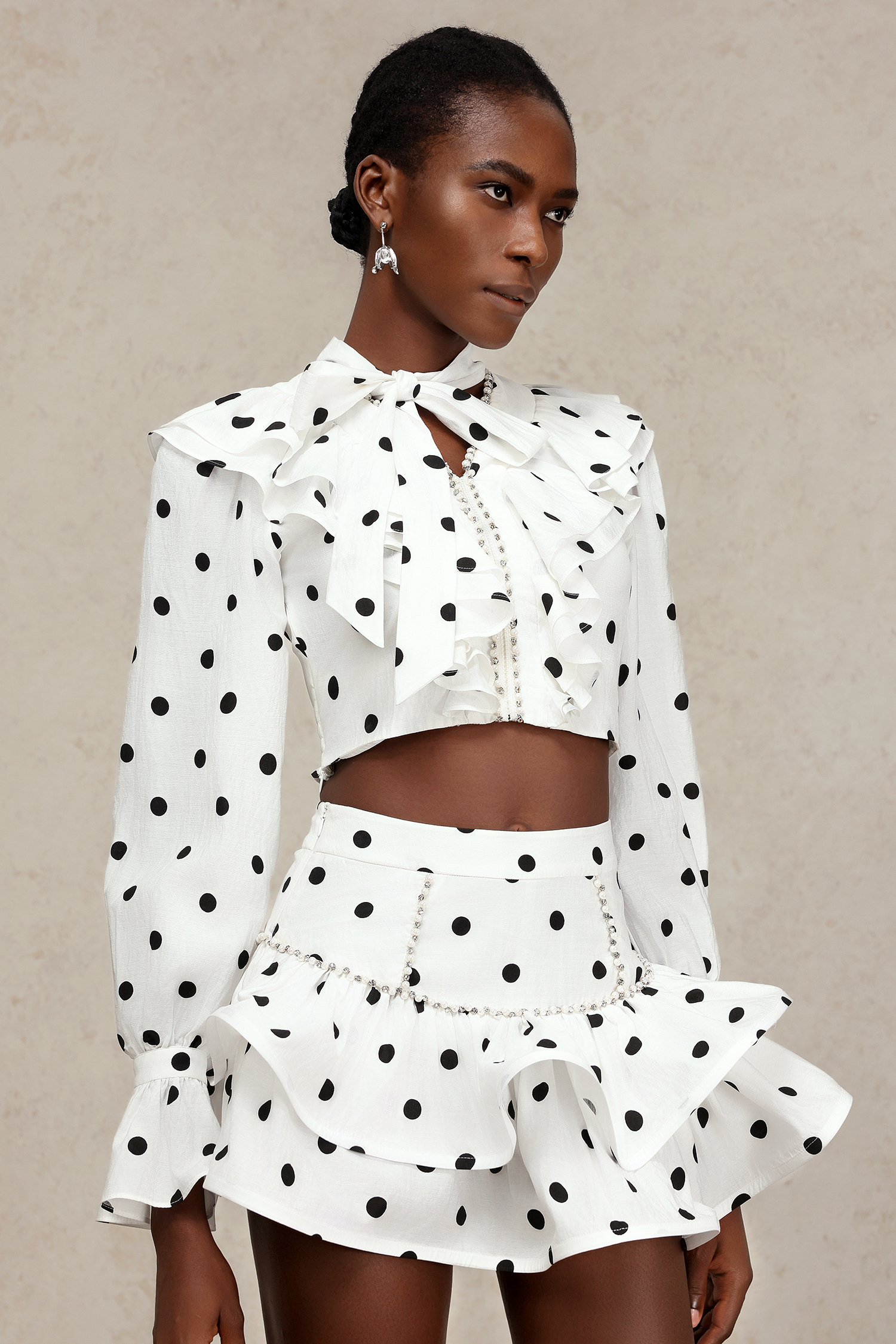 Nialla Long Sleeves Dot Printed Pearl Folds Bowknot Top And Skirt Two-Piece Set